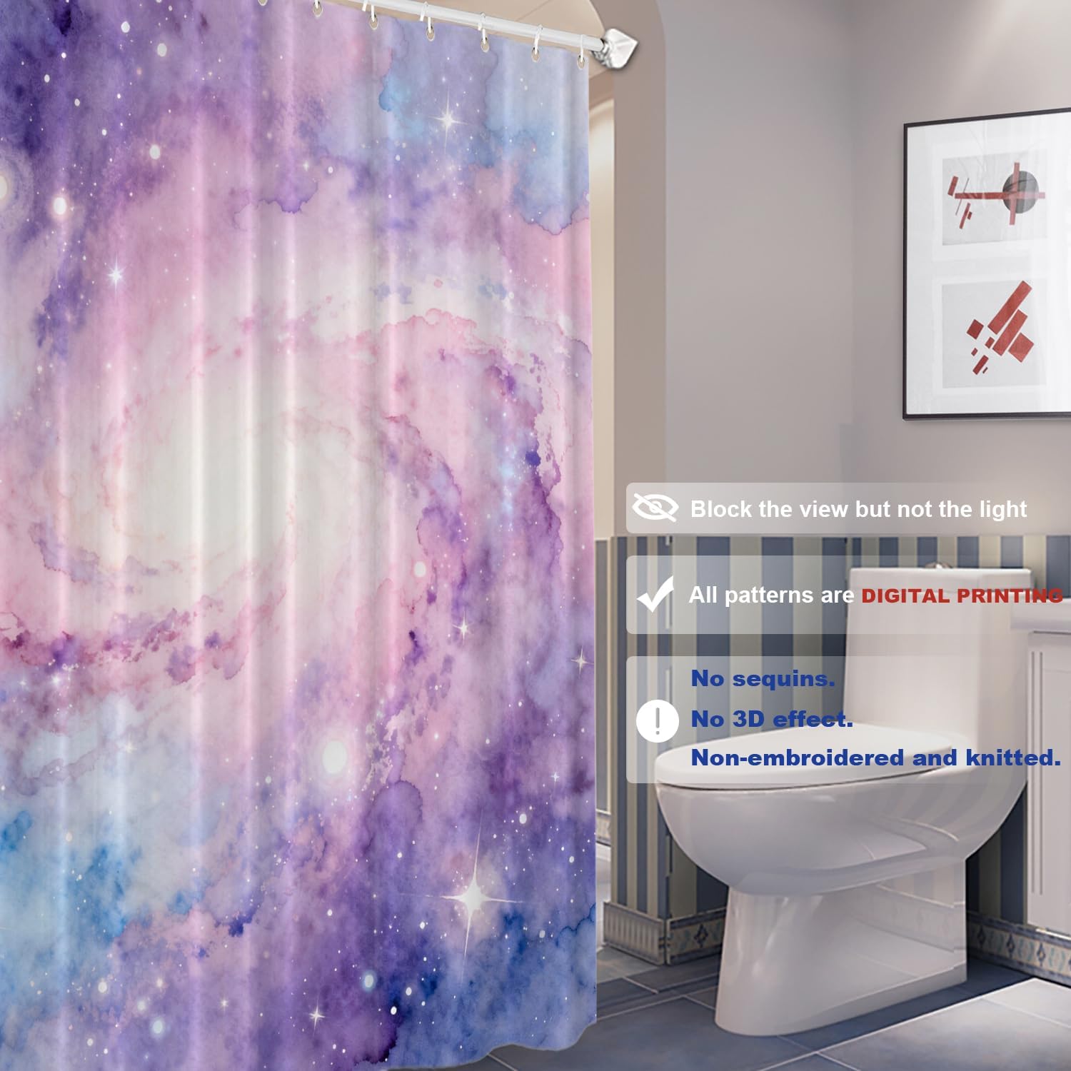 Batmerry Galaxy Pink Purple Decorative Shower Curtain, Pink Pastel Unicorn Marble Galaxy Print Seamless Pattern in Cute Long Wide with Rust Proof Grommets for Bathroom Waterproof Washable