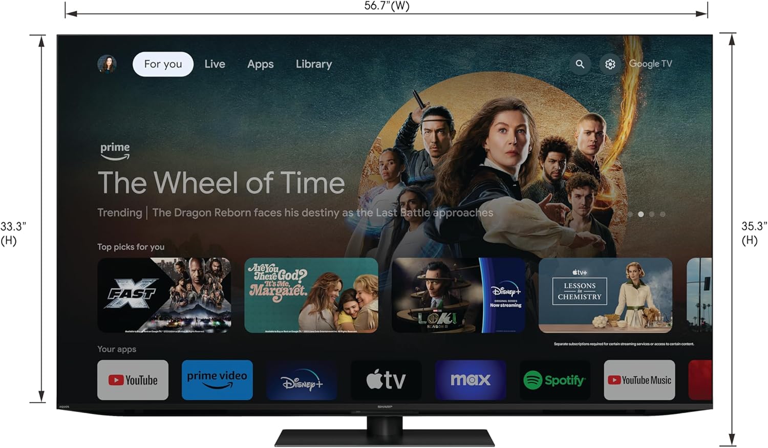 Faţă view of Sharp AQUOS XLED TV with dimensions