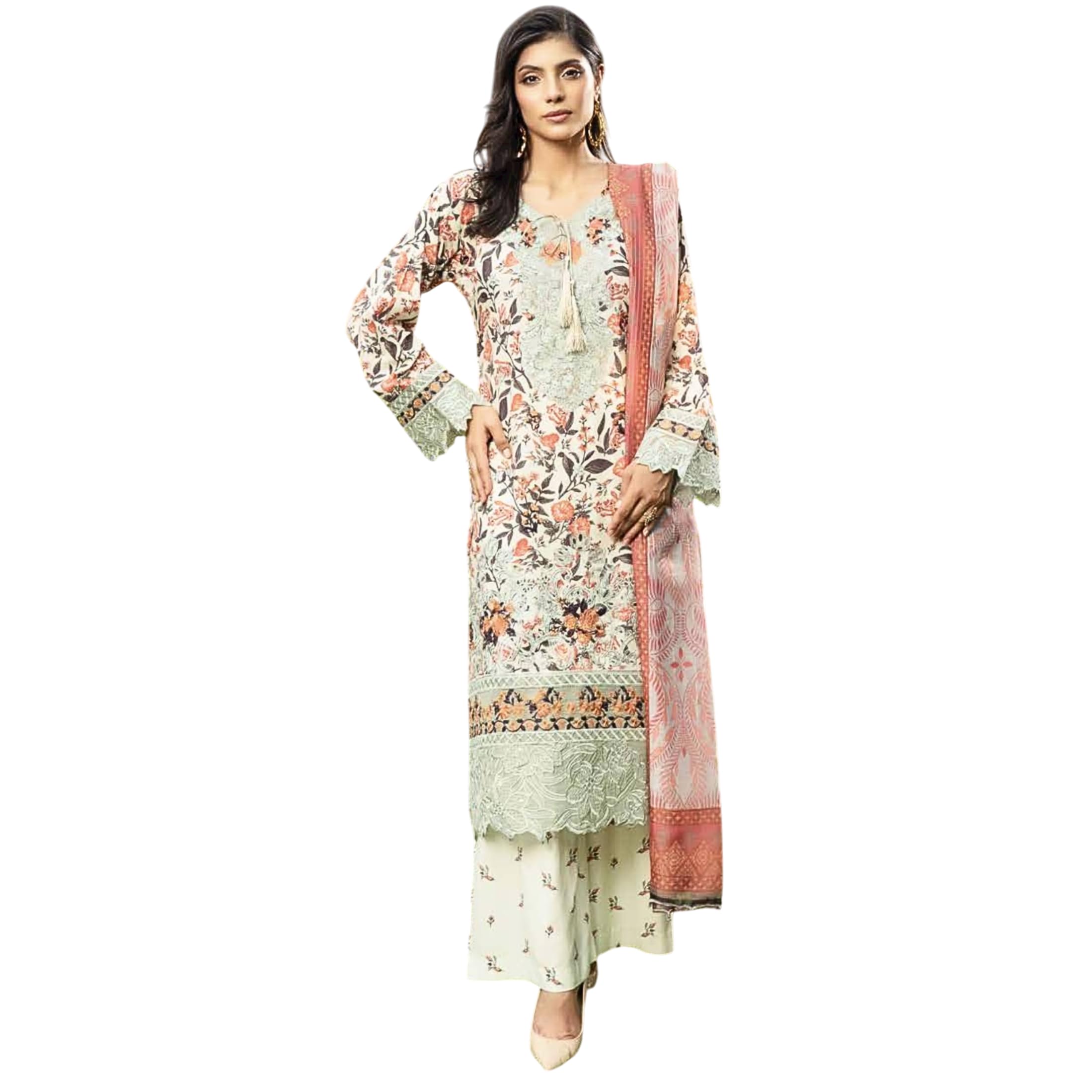 Womens Pakistani Ready to Wear Suit Embroidered Shirt Sleeves Printed Lawn Cotton Trouser Dupatta - C10D6