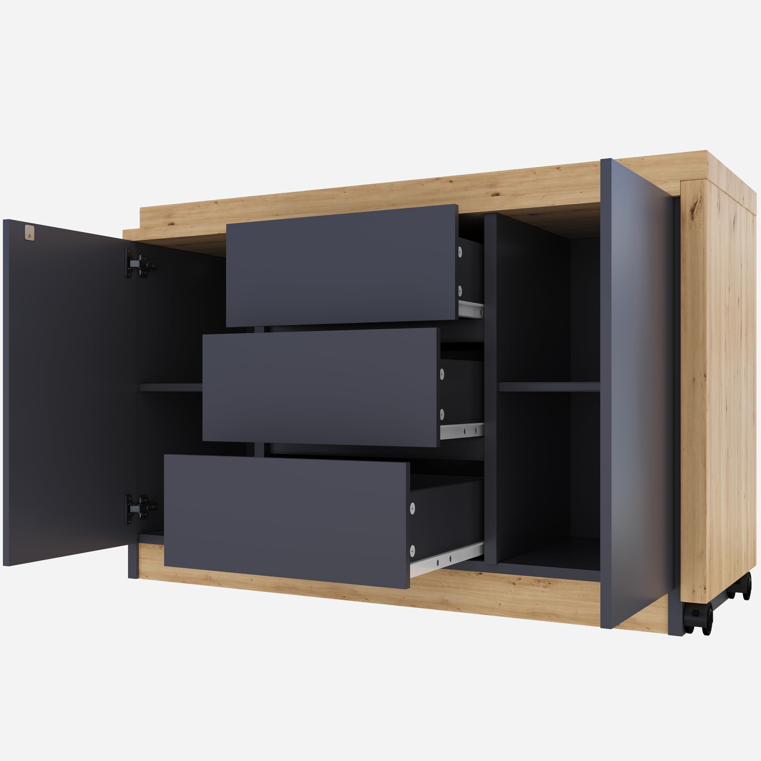 Scrivania con ruote bloccabili, design multifunzionale, 4 cm di spessore, piano girevole bloccabile, scrivania pieghevole, scrivania angolare, credenza (grigio + rovere)