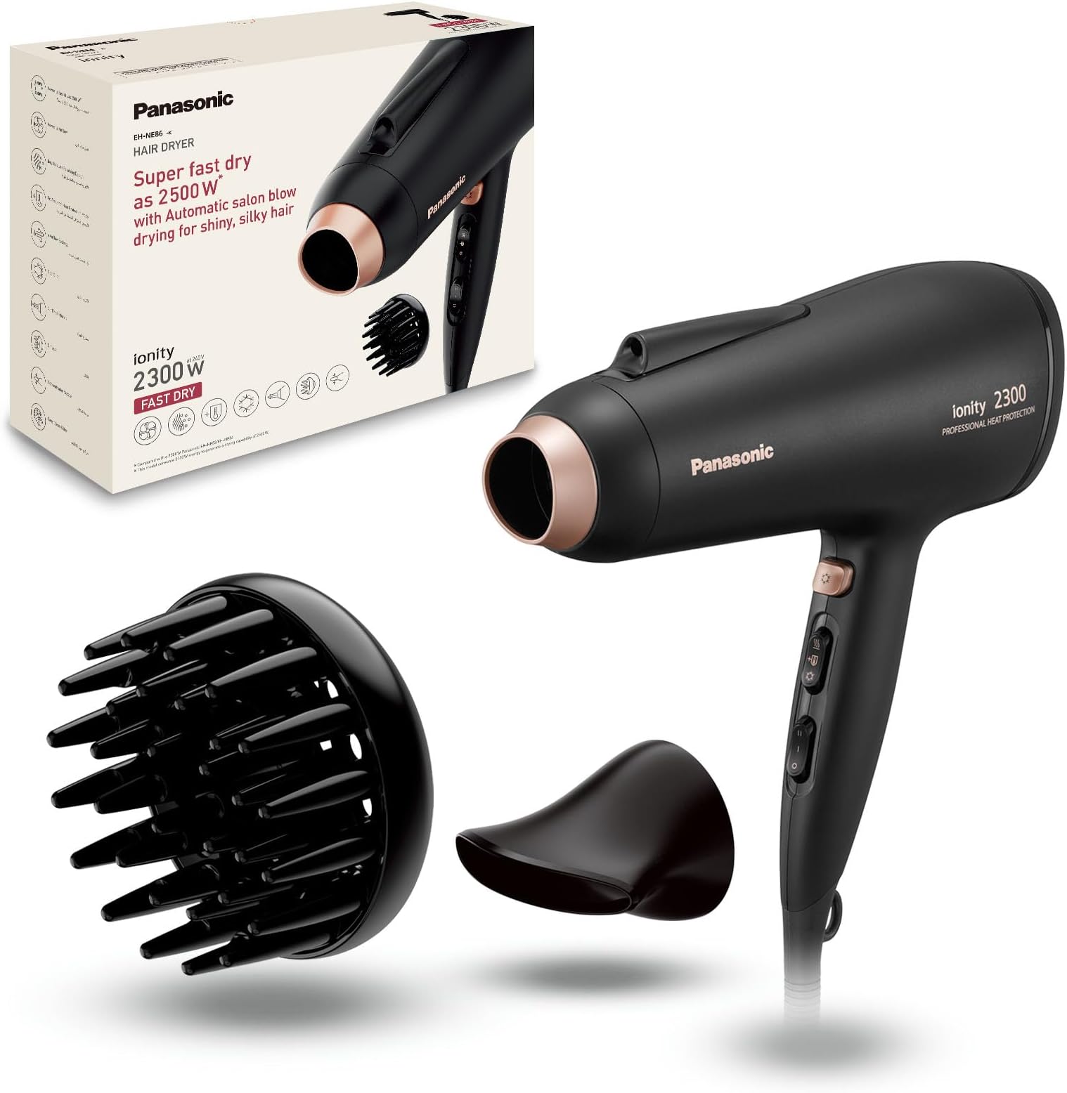 2300W Ionic Hair Dryer with Diffuser & Air Boost, Heat Protection Mode, Professional Fast Drying & Smooth Finish, Cool shot, Styling Nozzle, Foldable Handle, EH-NE86, Black