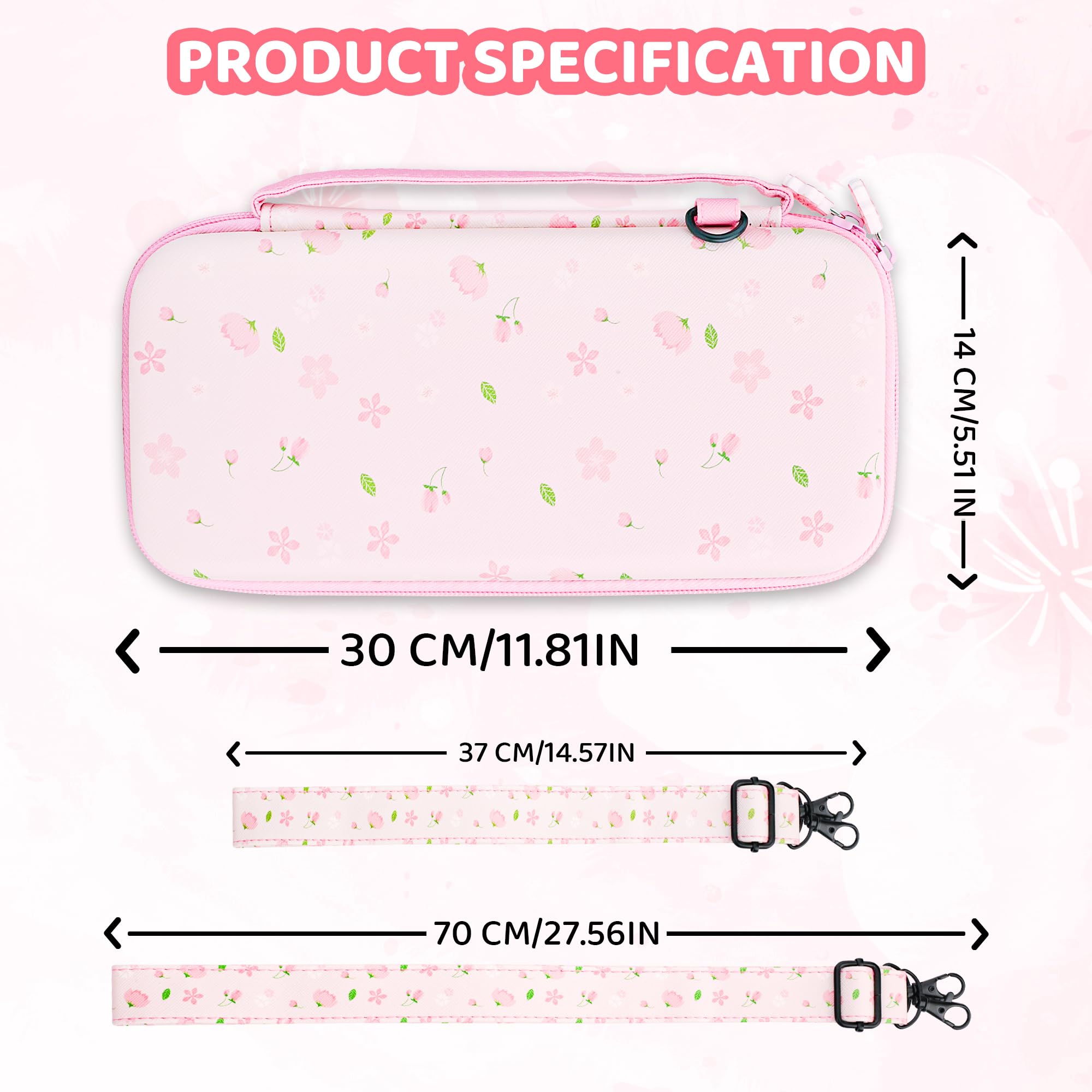 RHOTALL Custodia da trasporto rosa con fiori di ciliegio per Nintendo Switch 2, custodia protettiva da viaggio Sakura, custodia trasparente glitterata con fiore agganciabile per Switch 2, pellicola