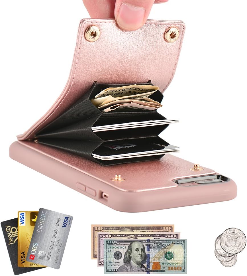 LAMEEKU iPhone 7 Plus Case / 8 Plus Case Wallet, iPhone 8 Plus Card Holder Leather with Credit Card Slot Case, Shockproof TPU Bumper Cover for Apple iPhone 7 Plus/ 8 Plus 5.5" Rosegold