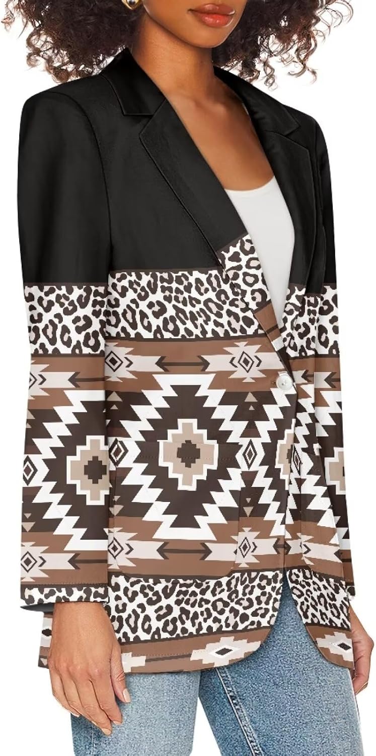Western Ethnic Aztec Tribal Print Womens Aztec Blazer with Pockets Long Sleeve Loose Fit One Button Dress Blazer