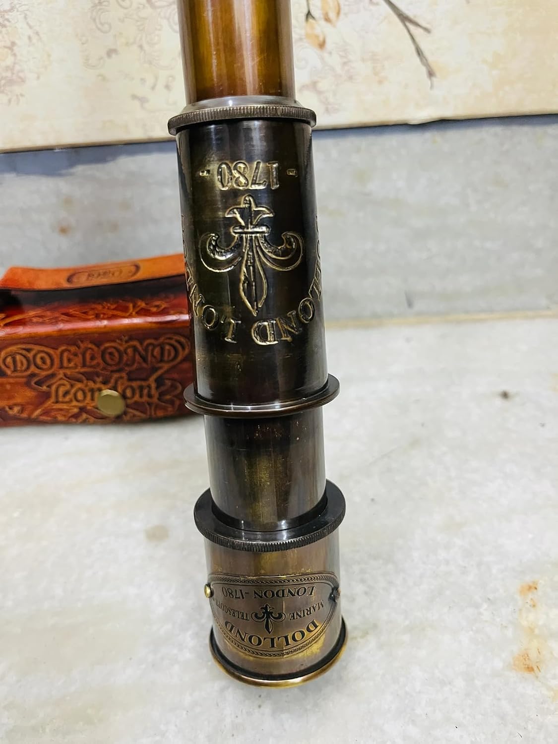 Dolland London Vintage Spyglass Telescope, Antique Brass Finish, 16.5 Inch Length, Collapsible Design with Leather Box