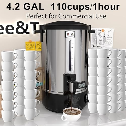Vista 3 de Urna de café comercial, dispensador de café grande de acero inoxidable de 110 tazas/16.5L, urna de café eléctrica de doble pared, urna de café