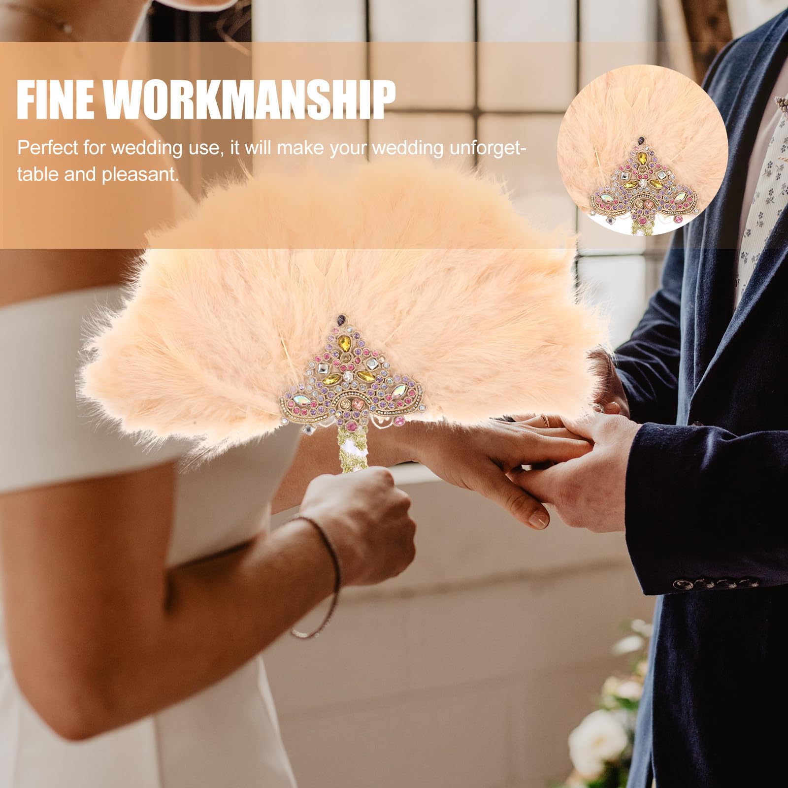 UKCOCO Accessorio Fotografico Elegante Ventaglio Fatto a Mano Strass in Plastica e Piume Beige per Sposa per Matrimoni e Cerimonie