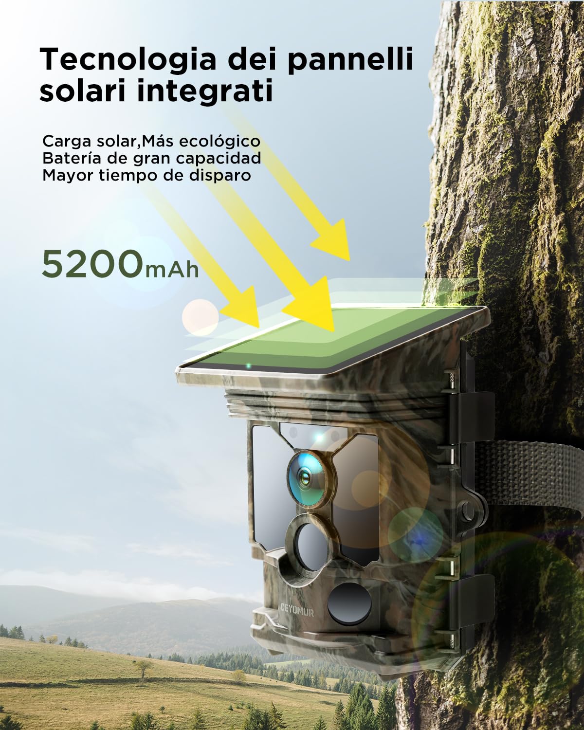 CEYOMUR Cámara Caza Solar 4K 68MP, Camara Fototrampeo Wi-Fi con Batería de 5200 mAh, Sensor de Movimiento de 120°, Visión Nocturna, IP66 a Prueba de Agua con Tarjeta Micro SD de 32 GB
