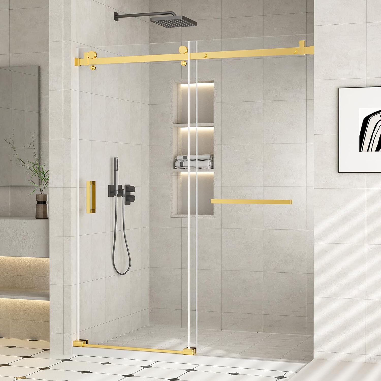 60" W x 74" H Frameless Sliding Shower Door Glass Shower Door with 1/4"(6mm) Clear SGCC Tempered Glass,Explosion-Proof Film,Two Stainless Handles,Stainless Steel Hardware Brushed Gold