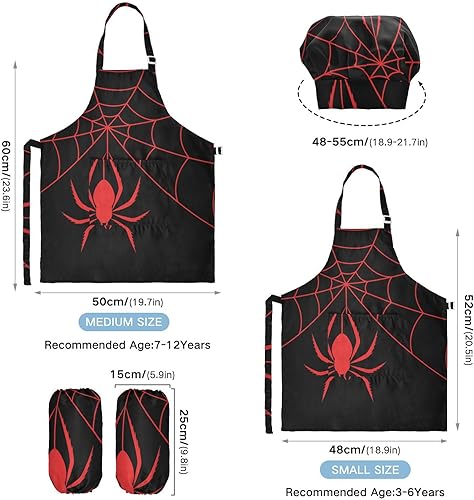 Miniatura 2 de Juego de delantales, sombrero de chef y delantal de Halloween con diseño de araña roja y telaraña (3-12 años)