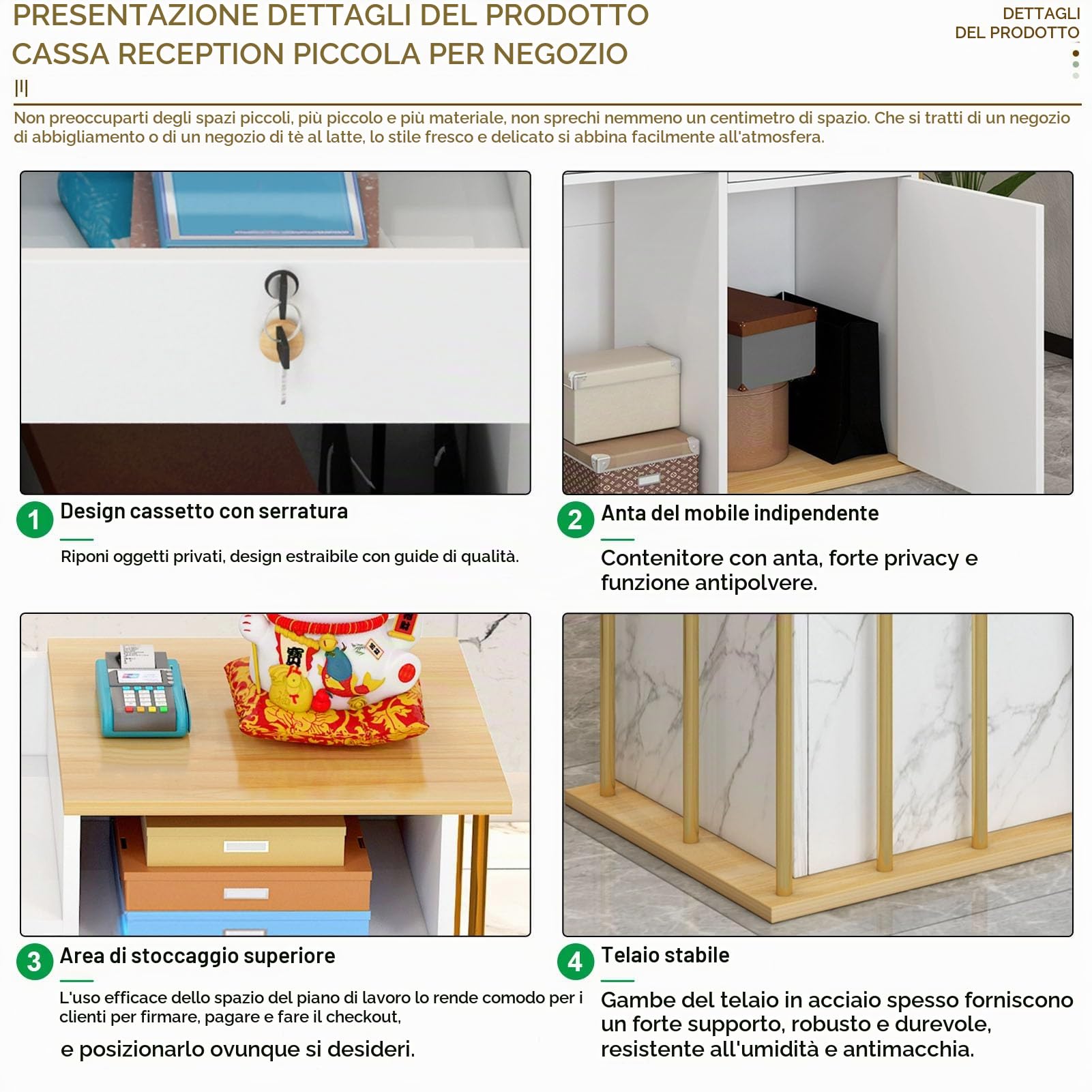 Banco Reception Bancone Cassa per Negozio, Scrivania Tavolo Reception, Reception Parrucchiere Legno Banco Bar da Esterno con Cassetti Bloccabili e 4 Spazio di Archiviazione per Hotel