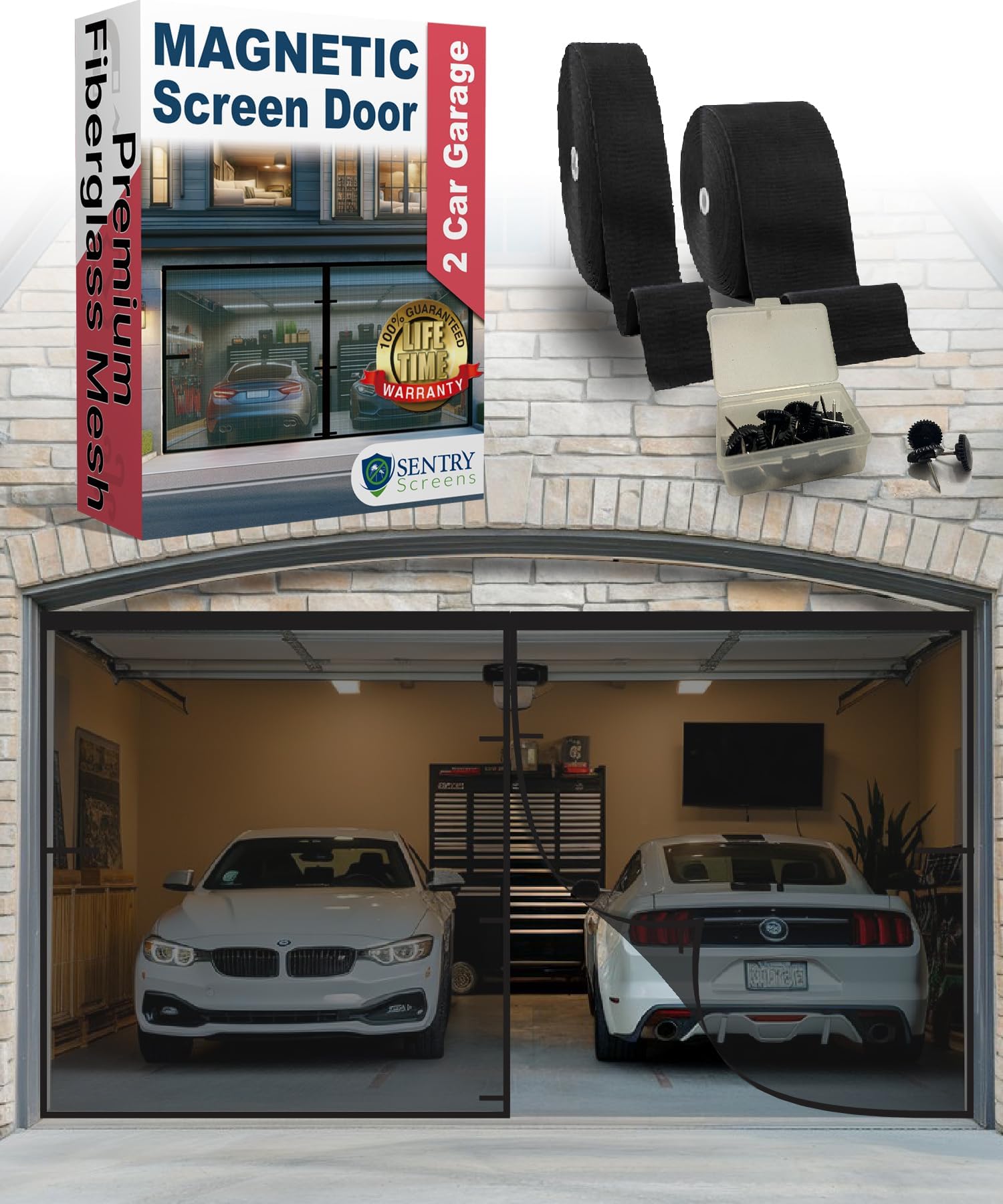 Sentry Screens Magnetic Garage Door Screen - Single (1 car) and Double (2 car) Sized - 60g Fiberglass Mesh - Stronger 1,400gs High Energy Magnets - Weighted Bottom - Black 16'wx7'h Black IHLSMSGDDBL