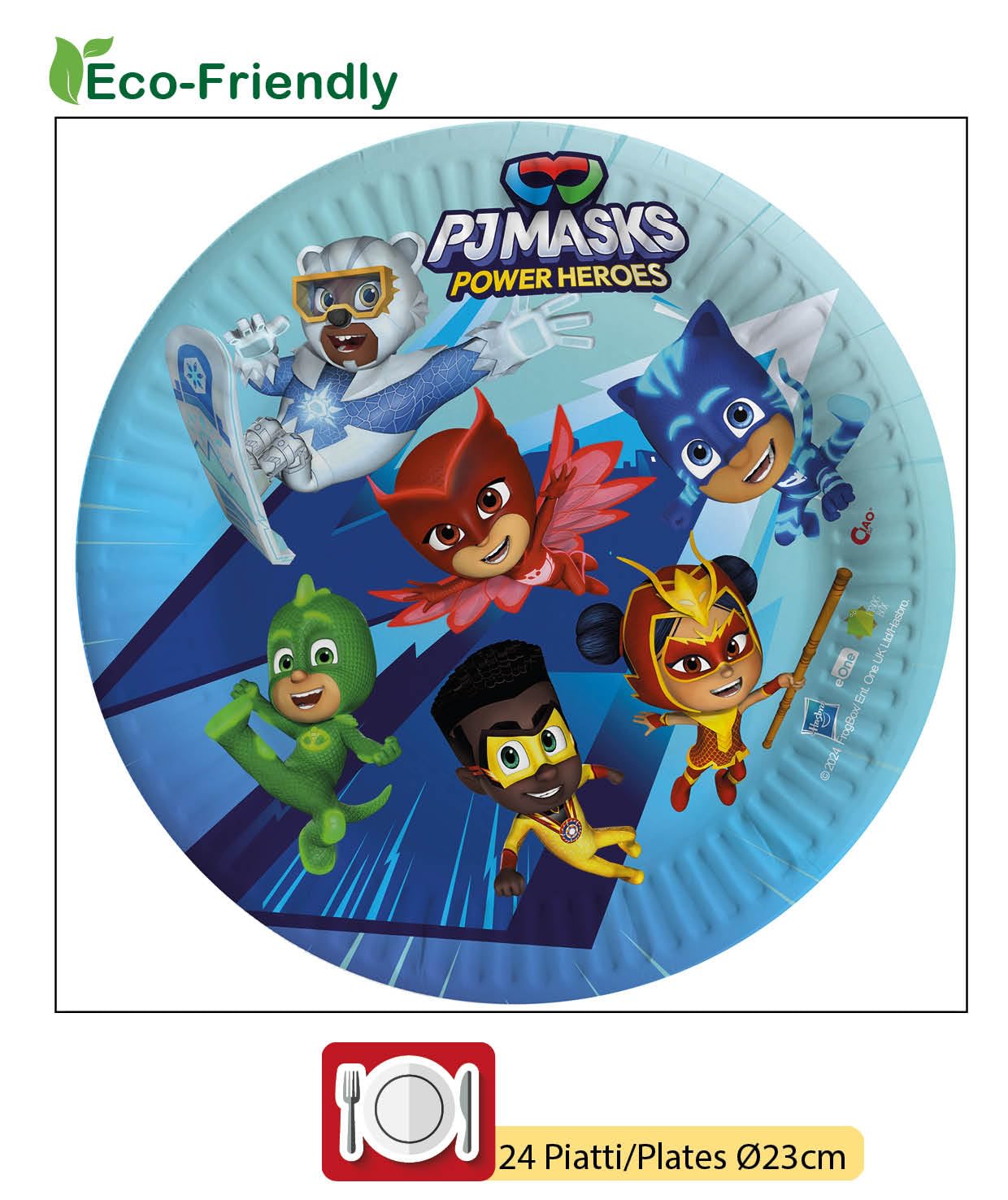 Kit Party Tavola PJ Masks per 24 persone (112 pezzi: 24 piatti Ø23cm, 24 piatti Ø18cm, 24 bicchieri 250ml, 40 tovaglioli 33x33cm) in carta compostabile eco-friendly