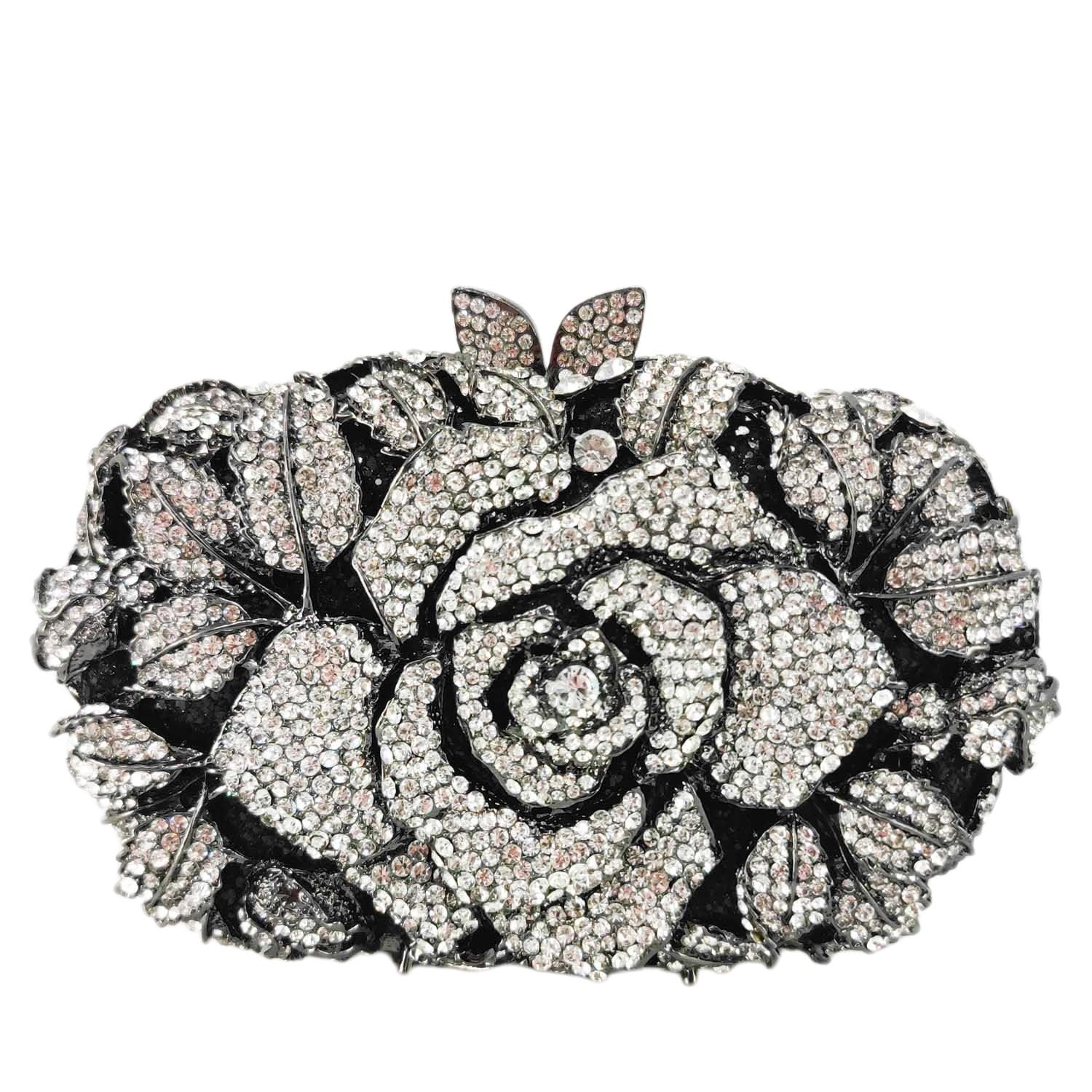 Boutique De FGG Pochette da sera con fiori da donna, borsetta da sposa, pochette con strass rosa e strass, mini