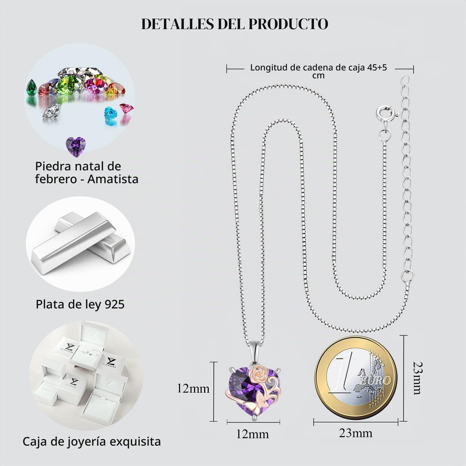 YL Collar Corazón Plata de Ley 925 con 12 piedras de Nacimiento Circonita Rosa Colgante para Mujer