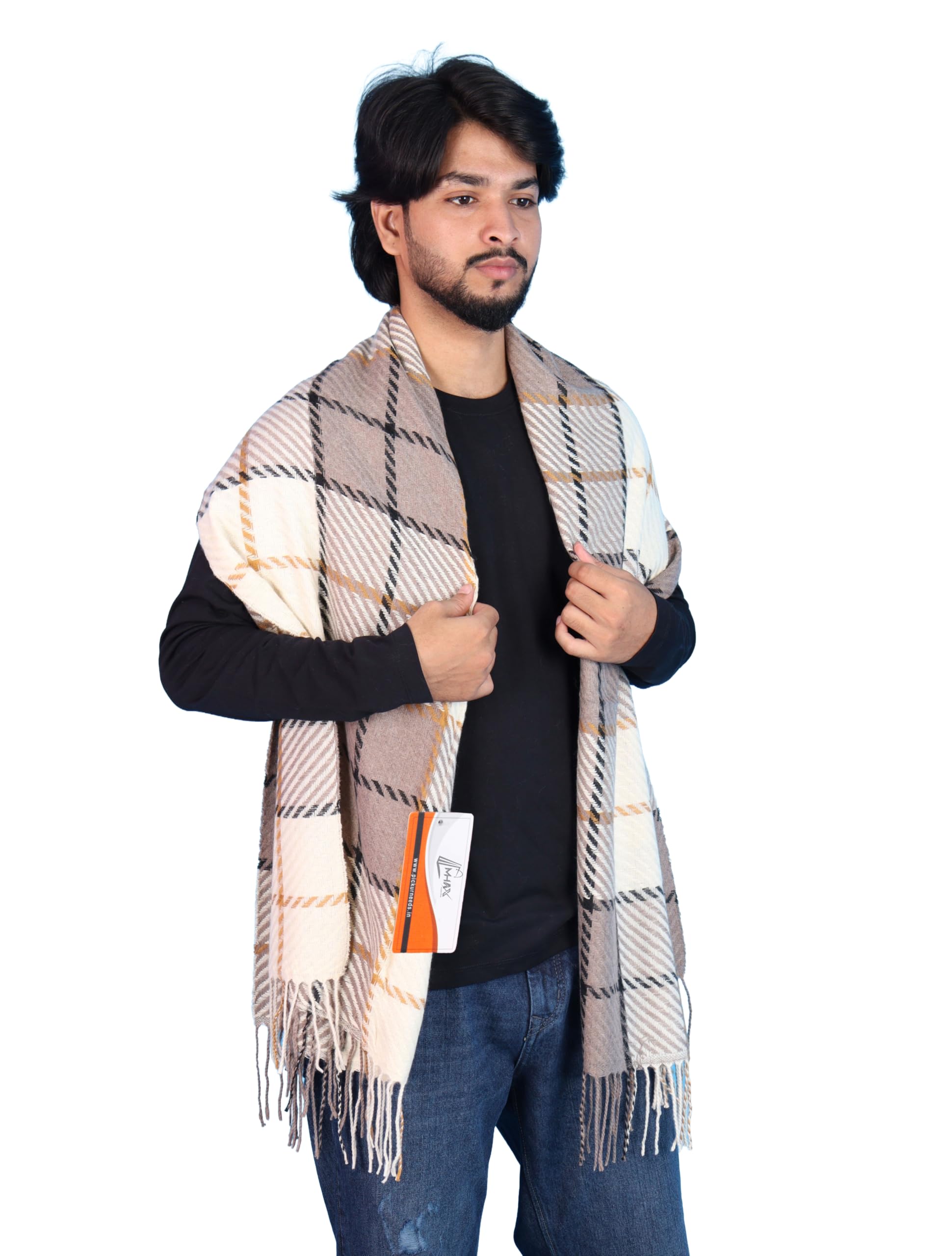 boys winter muffler scarf soft woolen neck wrap with modern check pattern, long length & designer fringe detailing for men