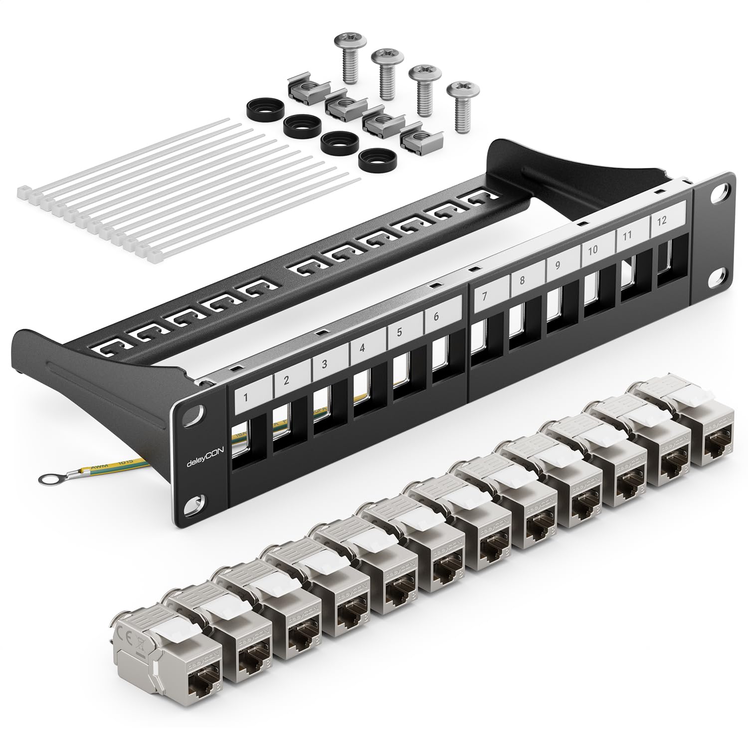 deleyCON 12 Ports CAT 8 Panneau de Brassage kit Panneau de Distribution 10" Pouces 1U + 12x Module RJ45 Keystone Jack CAT8 40 Gbit/s 2000 MHz Compatible avec Câble D'installation CAT7 CAT-8 Ethernet