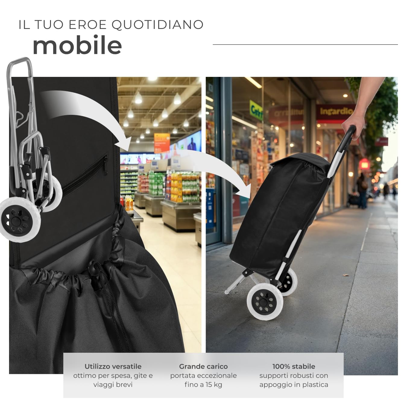 tectake® Trolley per la Spesa, 2 Ruote, Pieghevole, con Sacca Asportabile, Grandi Ruote, Chiusura con Cerniera, Tasca Piccola, Disponibile in Diversi Colori - Nero