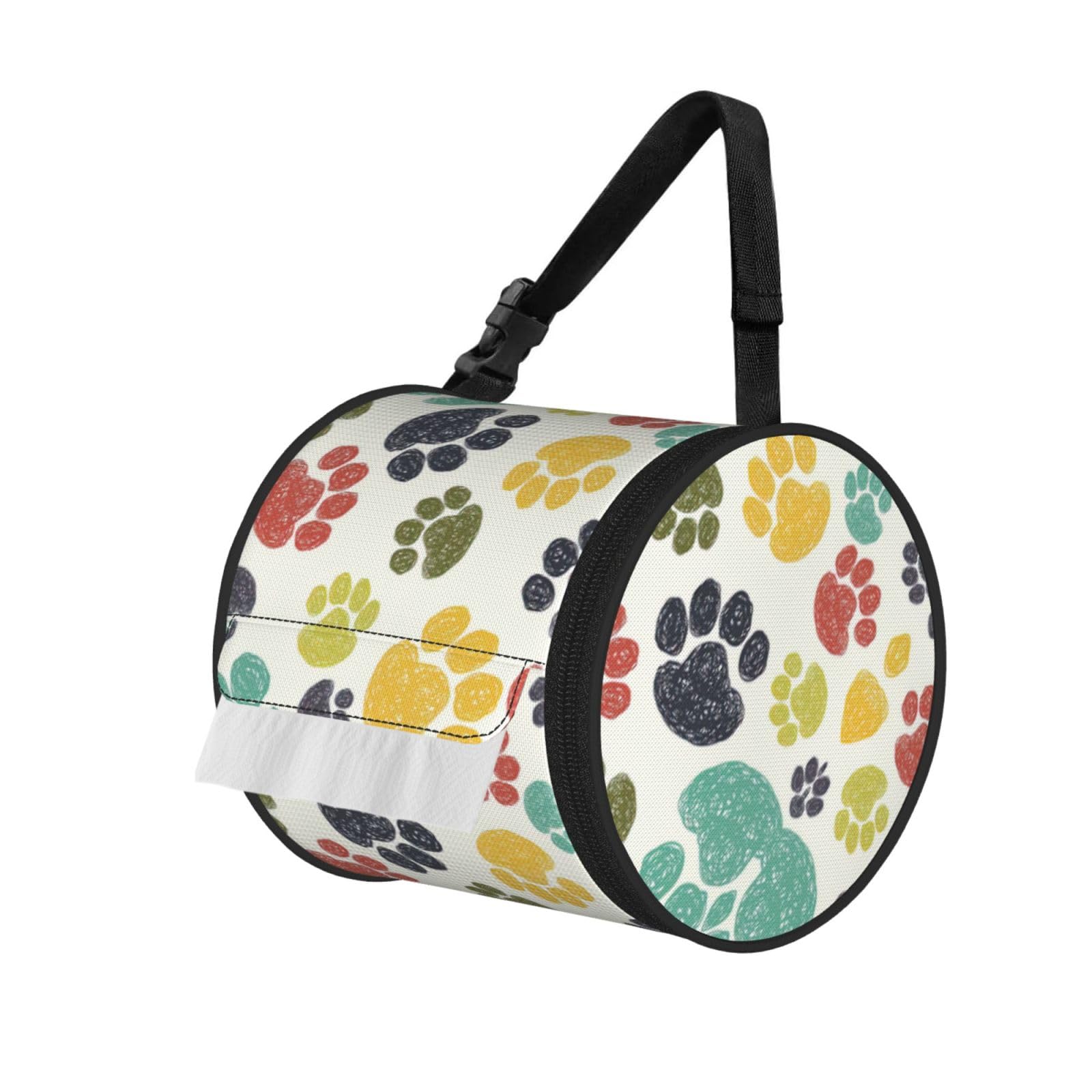 Cute Colorful Dog Paw Print Round Paper Tissue Holder With Shoulder Strap, Portable Roll Case For Caravan Travel Use