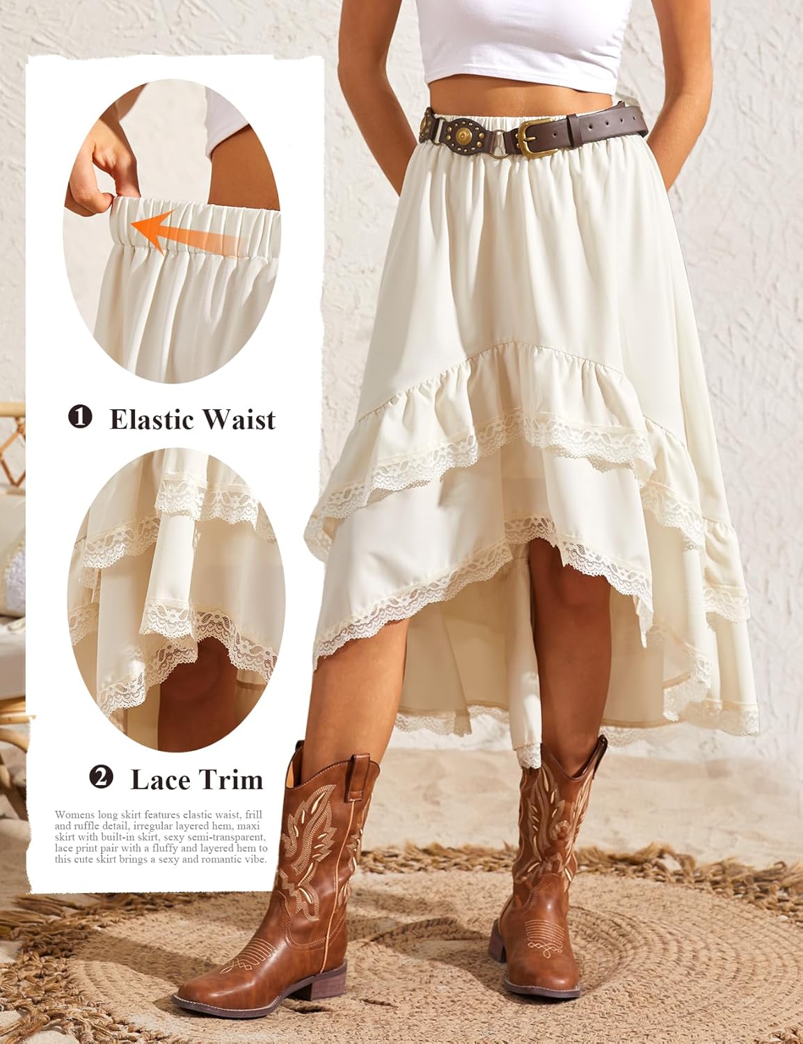 Yimoon Womens Western Boho Maxi Skirt Asymmetrical Lace Ruffle Long Skirt Flowy Country Cowgirl Skirts - Image 4