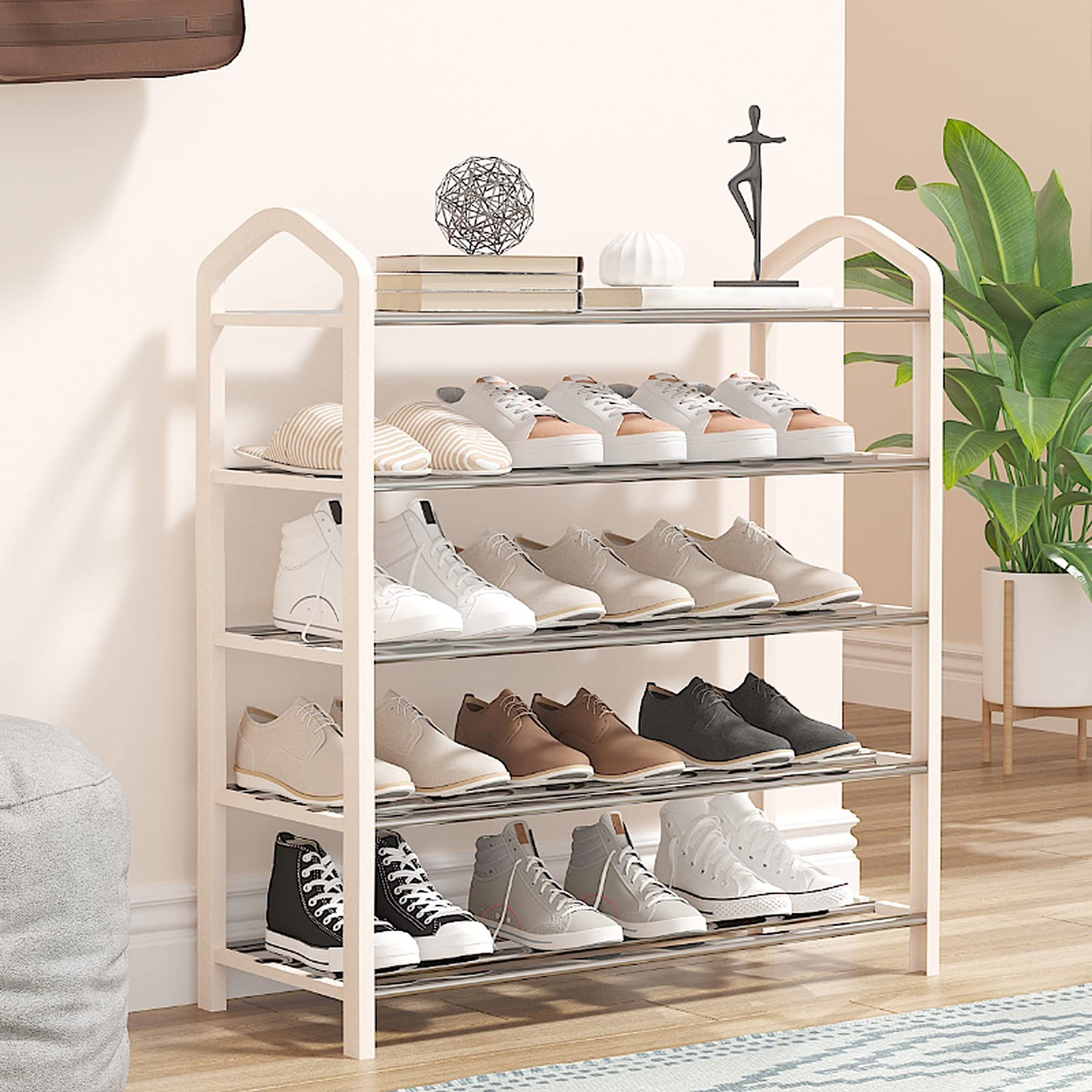 Multi-Purpose 5 Shelves Shoe Rack Shelve Storage Rack Steel Dust-Proof for Footwear, Toys, Clothes Large (Beige), Cm-image-8