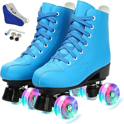 Patines de piel sintética para mujer, con parte superior alta y bolsa de transporte, patines brillantes de cuatro ruedas