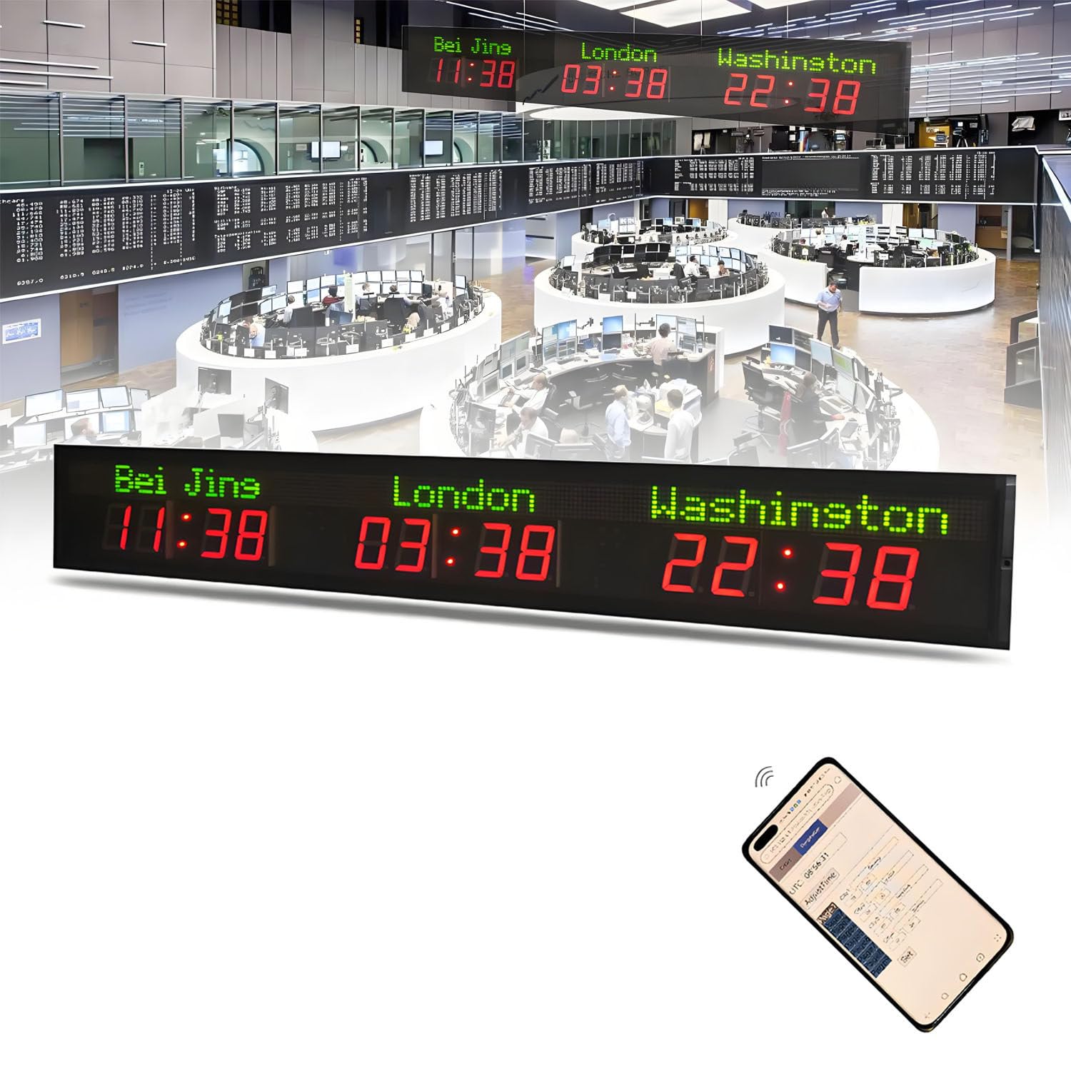 Horloge Murale LED Universelle, Fuseau horaire numérique 3/4/5/6 Villes, Grand écran, Gradation à 5 Niveaux, pour Bureaux/hôtels/aéroports multinationaux 3time