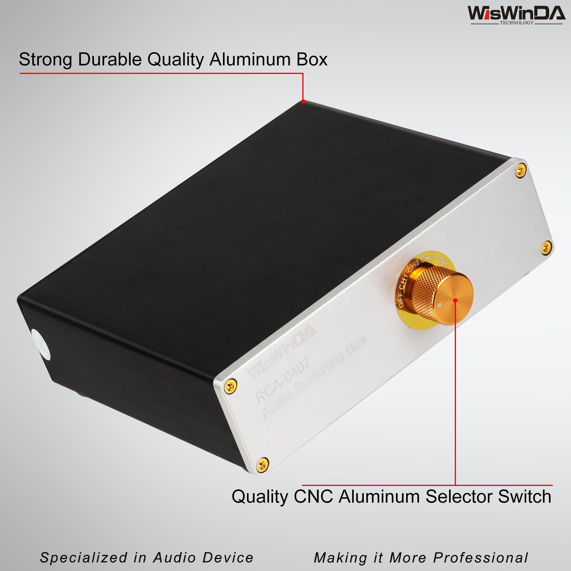 Caja de conmutación de audio Pro RCA de 4 pulgadas, 2 salidas, convertidor de audio, 4 canales, 4 pulgadas, 2 salidas, estéreo HiFi, selector de audio pasivo, caja de conmutación, carcasa de aluminio
