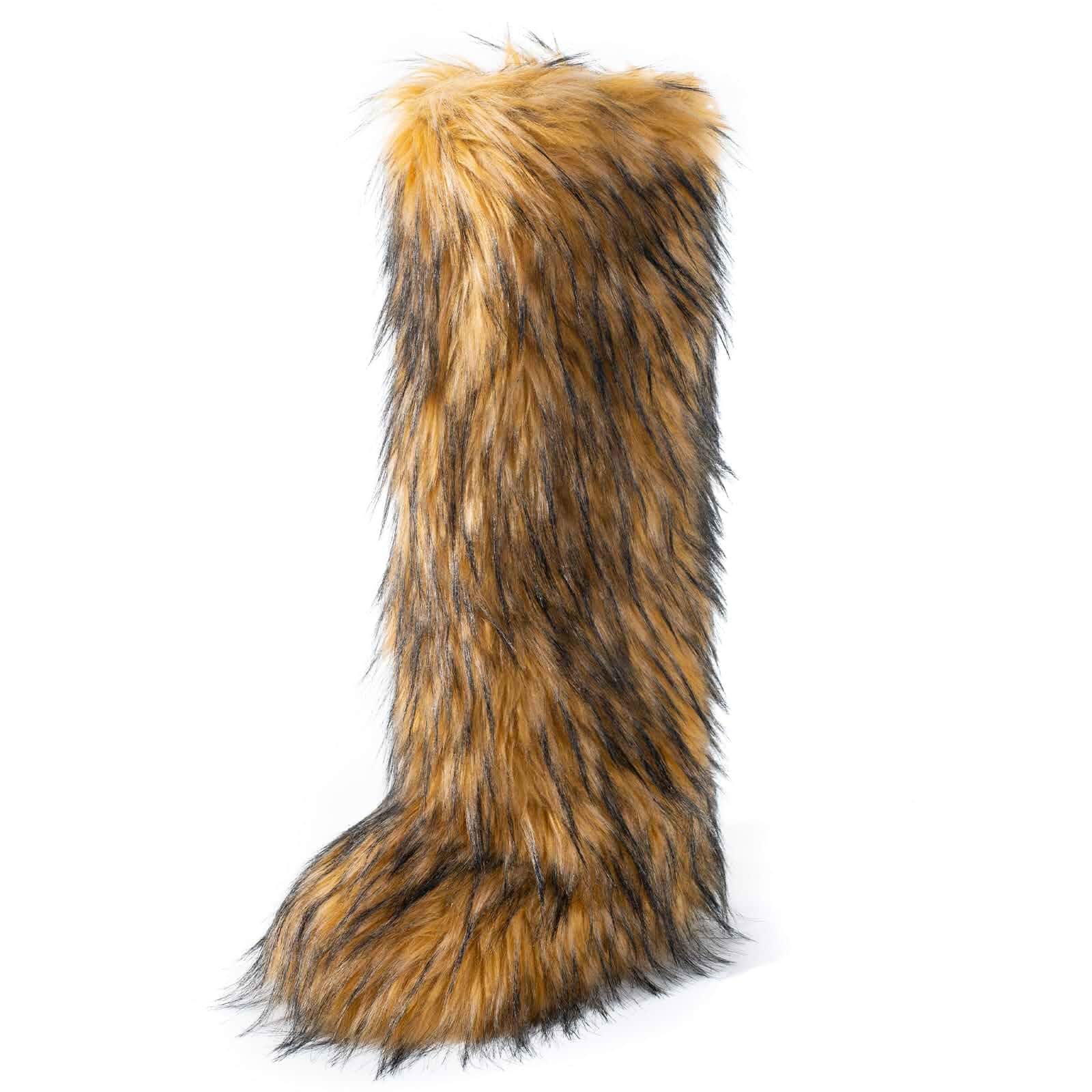 IXU Women's Faux Fur Boot Furry Fluffy Round Toe Winter Knee-High Boots Comfy Plush Warm Short Outdoor Indoor Flat Shoes