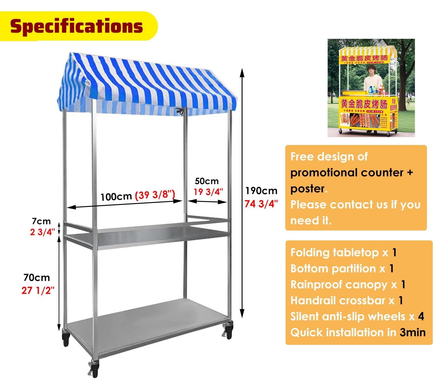 Tavoli Pieghevoli per Mercatini Carretto Ambulante per la Vendita di Cibo da Strada, Hot Dog, Carretto Mobile A Due Piani per Fiere, Feste, Matrimoni, Compleanni(Blue,Width 100cm(40"))