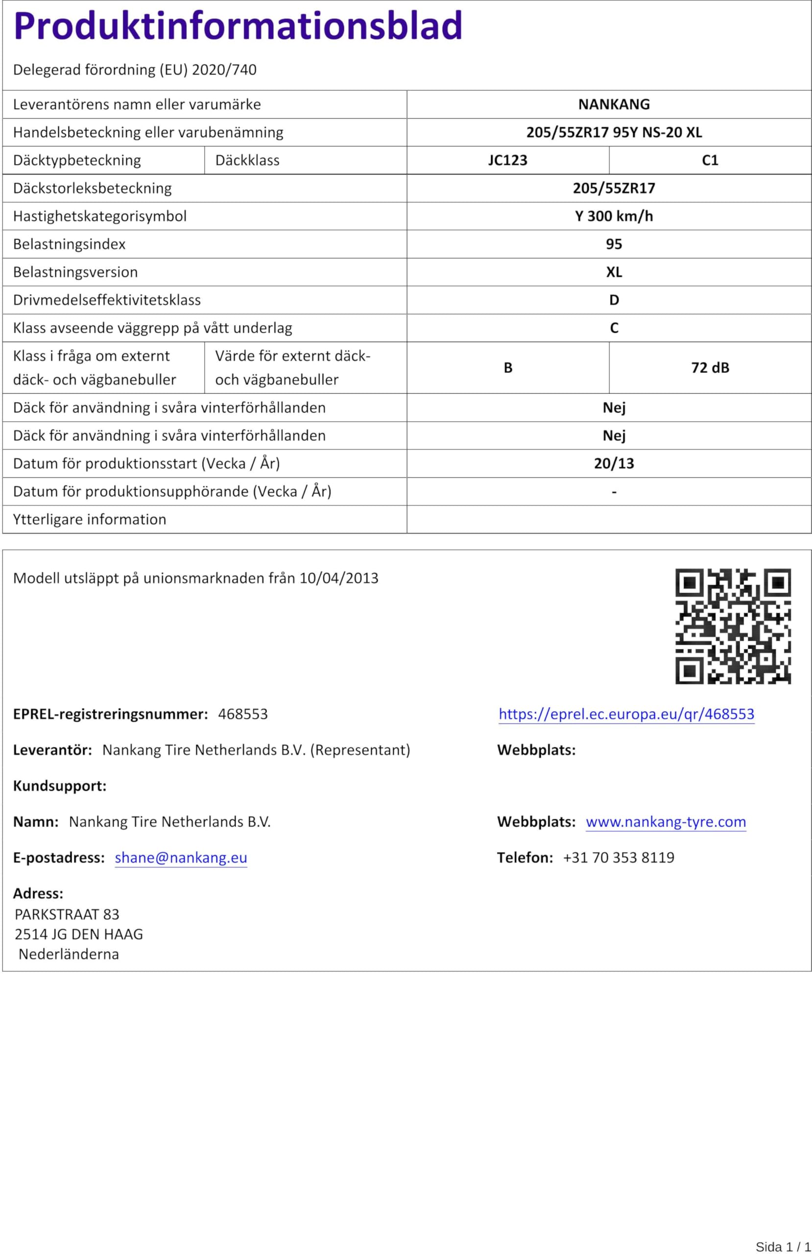 Nankang Noble Sport NS-20 XL - 205/55/R17 95Y - E/C/72 - Pneumatico estivo