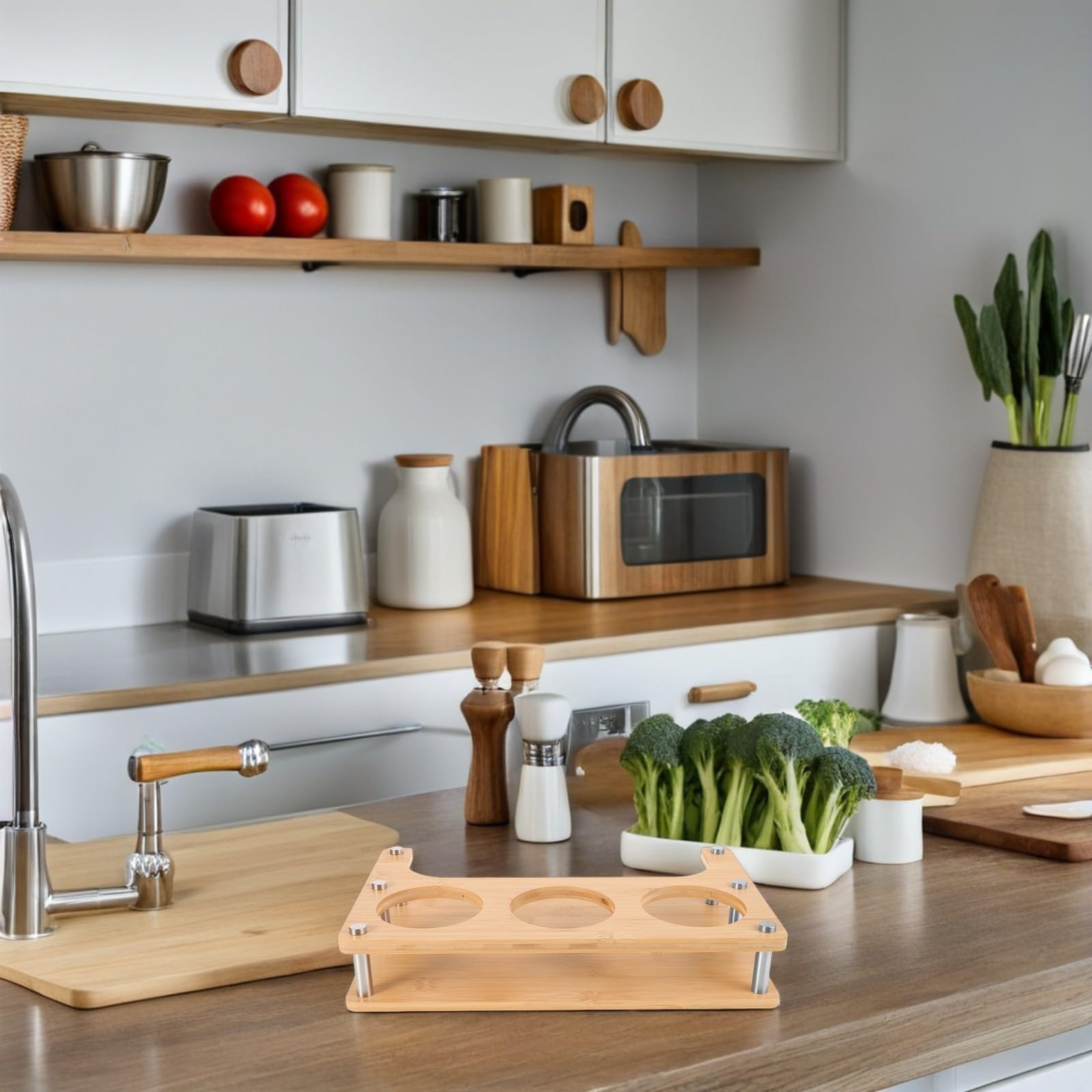 INOOMP Scaffale Porta Spezie in Legno Beige per Cucina Design Salvaspazio e Uso Versatile, Organizer Multifunzione per Olio, Sale e Aceto per Casa