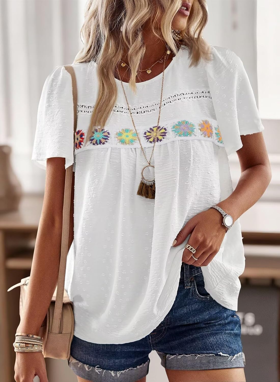 Falechay Womens Summer Tops Boho Crewneck Short Sleeve Shirts Floral Crochet Chiffon Blouses Flowy Casual Swiss Dot Clothing