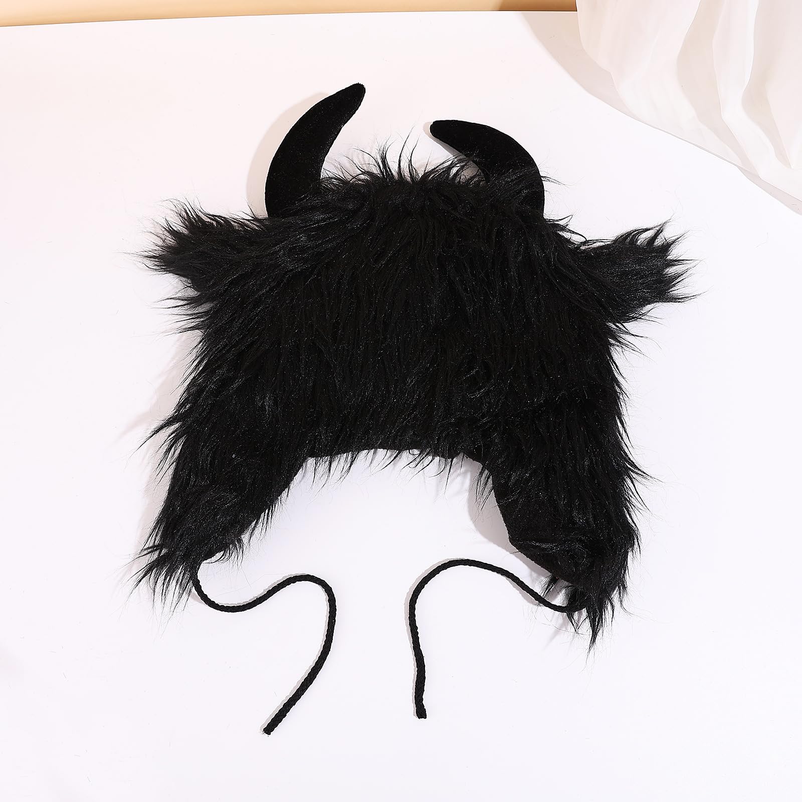 RUIXIA Women Men Furry Devil Horns Hat Unisex Black Animal Horn Earflap Hat Winter Thermal Faux Fur Beanie Cap Novelty Demon Ears Fancy Dress Cap for Halloween Costume Accessory & Cosplay Headgear - Image 3