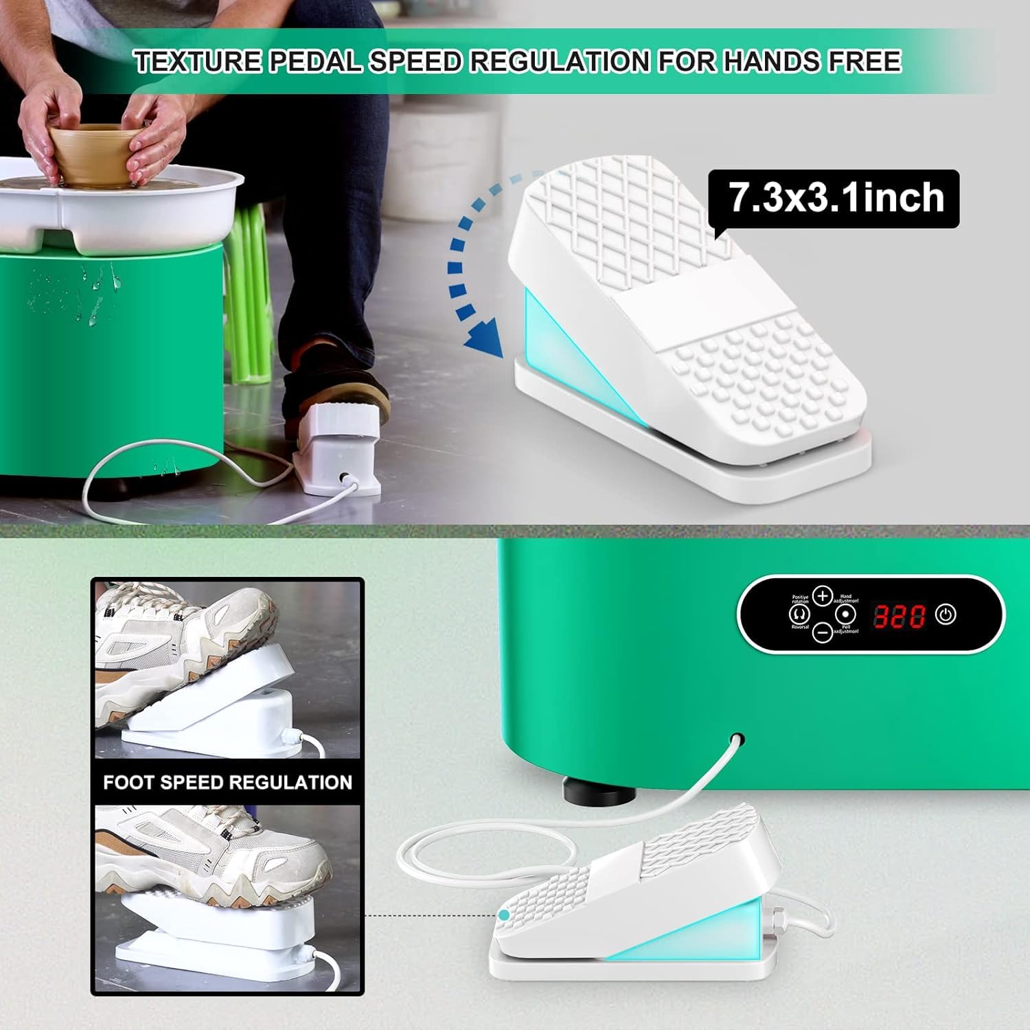 Torno Alfarero, Táctil y Pedal de Control, 25CM Plato Giratorio Lavabo Extraíble, 350W, 0-320 RPM Torno de Alfarero de Cerámica Kit Ceramica para Niños y Adultos Potter