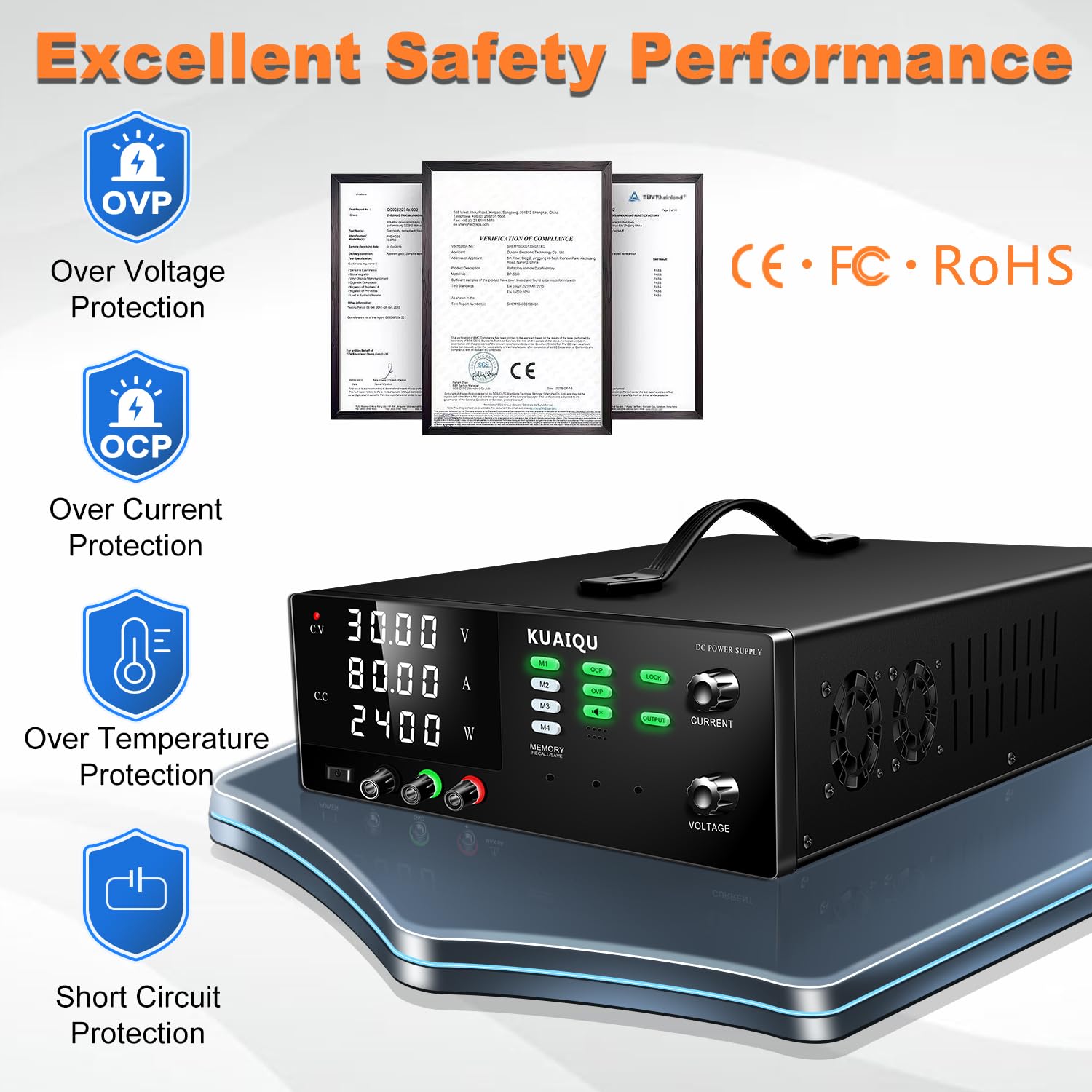 Alimentation de Laboratoire 30V 80A 2400W Haute Puissance Alimentation Stabilisée Réglable avec Mémoire/OCP/OVP/Output/Encodeur d'alimentation Laboratoire pour Laboratoire/Test de Batteries