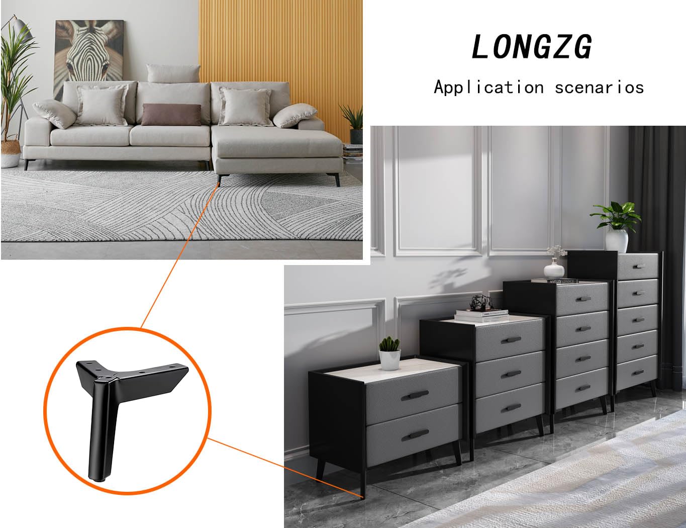 LONGZG Set of 4 5.9 inches / 15 cm black furniture feet, DIY metal furniture legs, replacement cabinet feet - Image 4