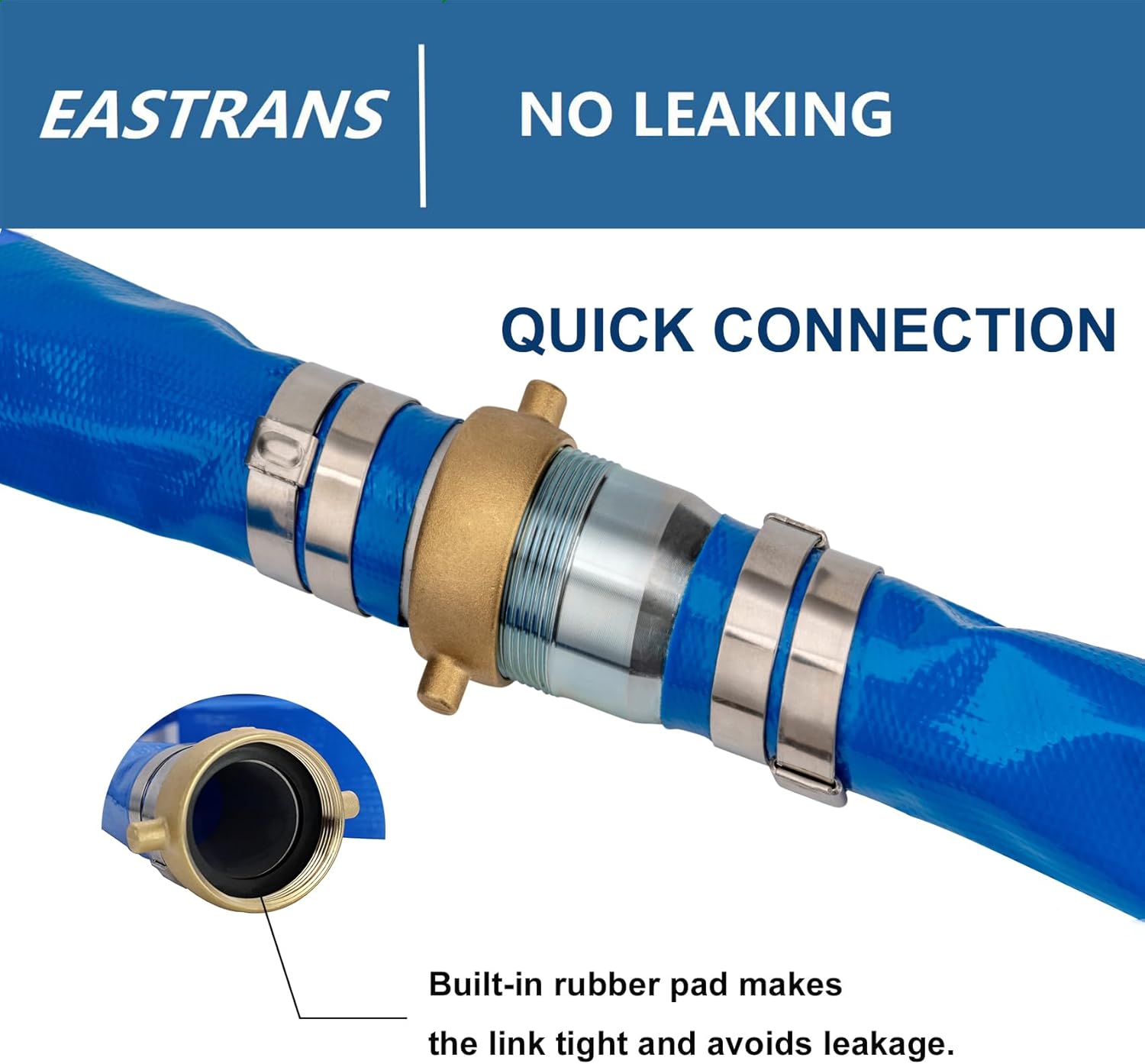 1.5" x 25' Heavy Duty Discharge Hose with NPT Pin Lug and Nipple Fittings, Reinforced BLue PVC Pool Backwash Hose, Connect To Pump and Pipe Threaded Outlet