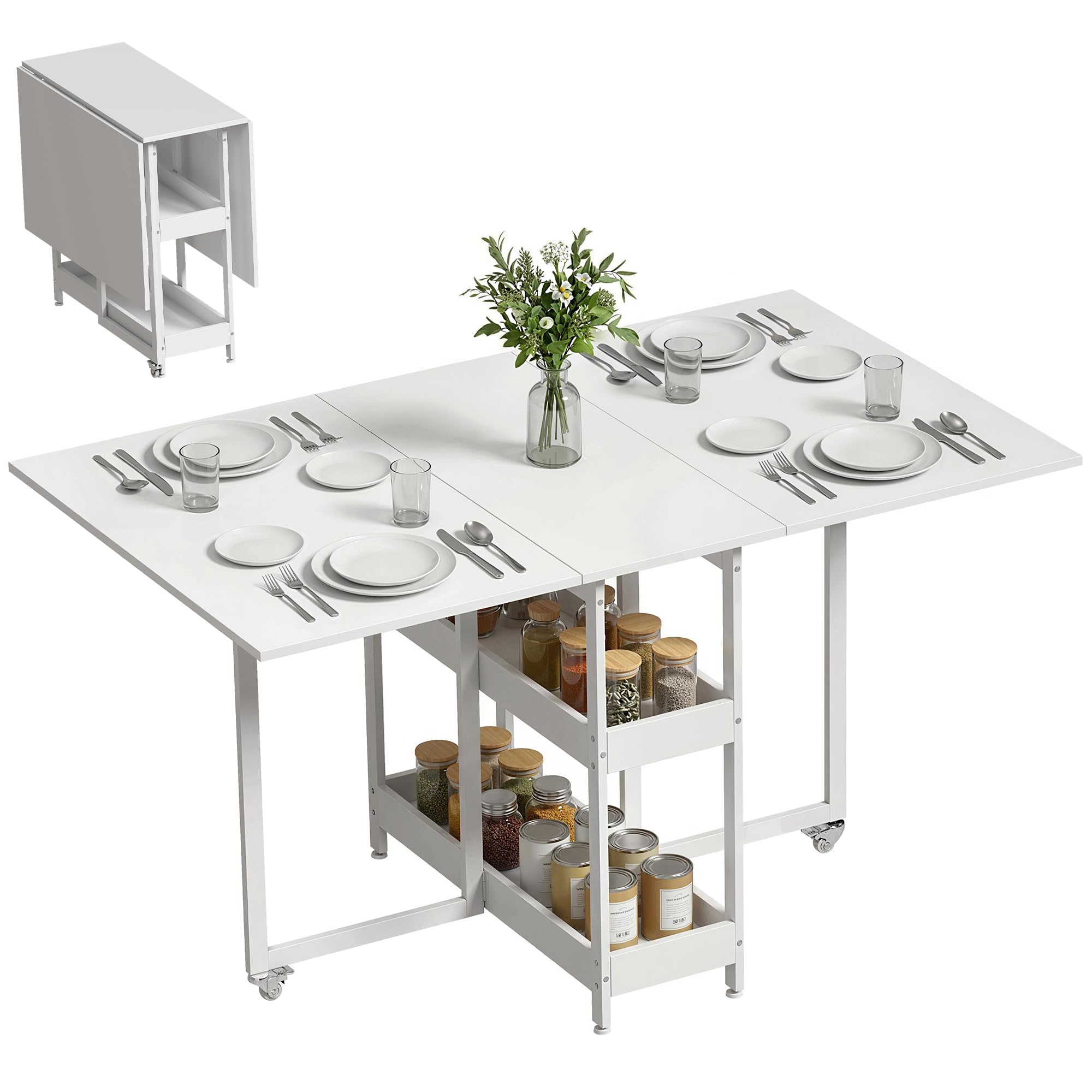 HOMCOM Folding Dining Table, Drop Leaf Table with Open Compartments in White