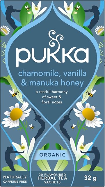 Pukka Chamomile, Vanille, & Manuka Honey Thé à base de plantes biologiques - 20 Nombre (paquet de 1), Mélange doux avec des fleurs de camomille, naturellement sans caféine, profiter chaud ou glacé