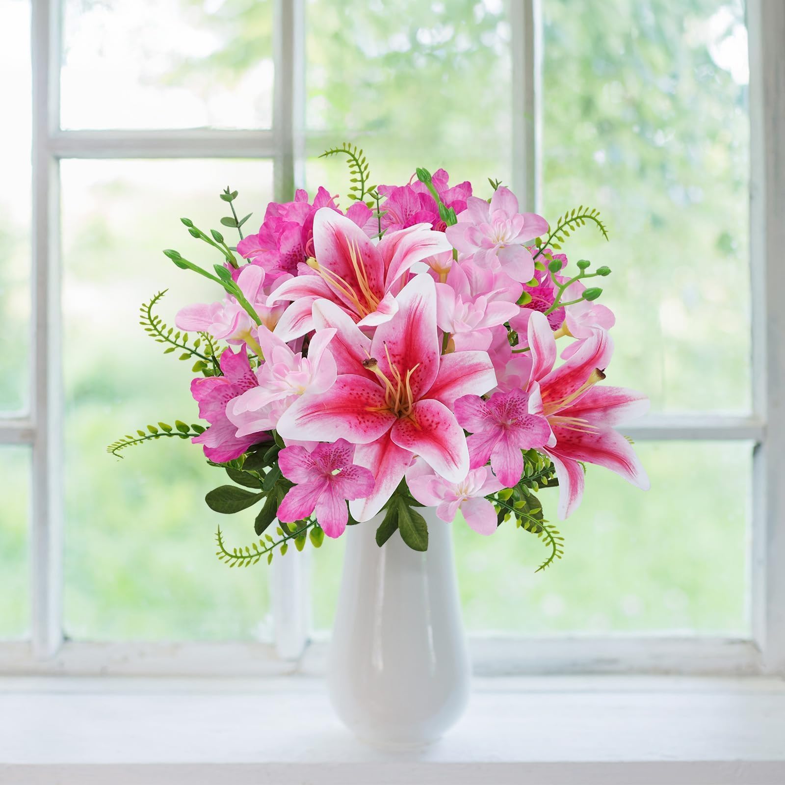 Zythrem Artificial Lilies Flowers Pink Fake Lily Flowers Mix Orchids Faux Spring Flowers Realistic Silk Lily Flower Bouquet for Wedding Party Table Floral Arrangement Home Hotel Office Decoration - Image 4