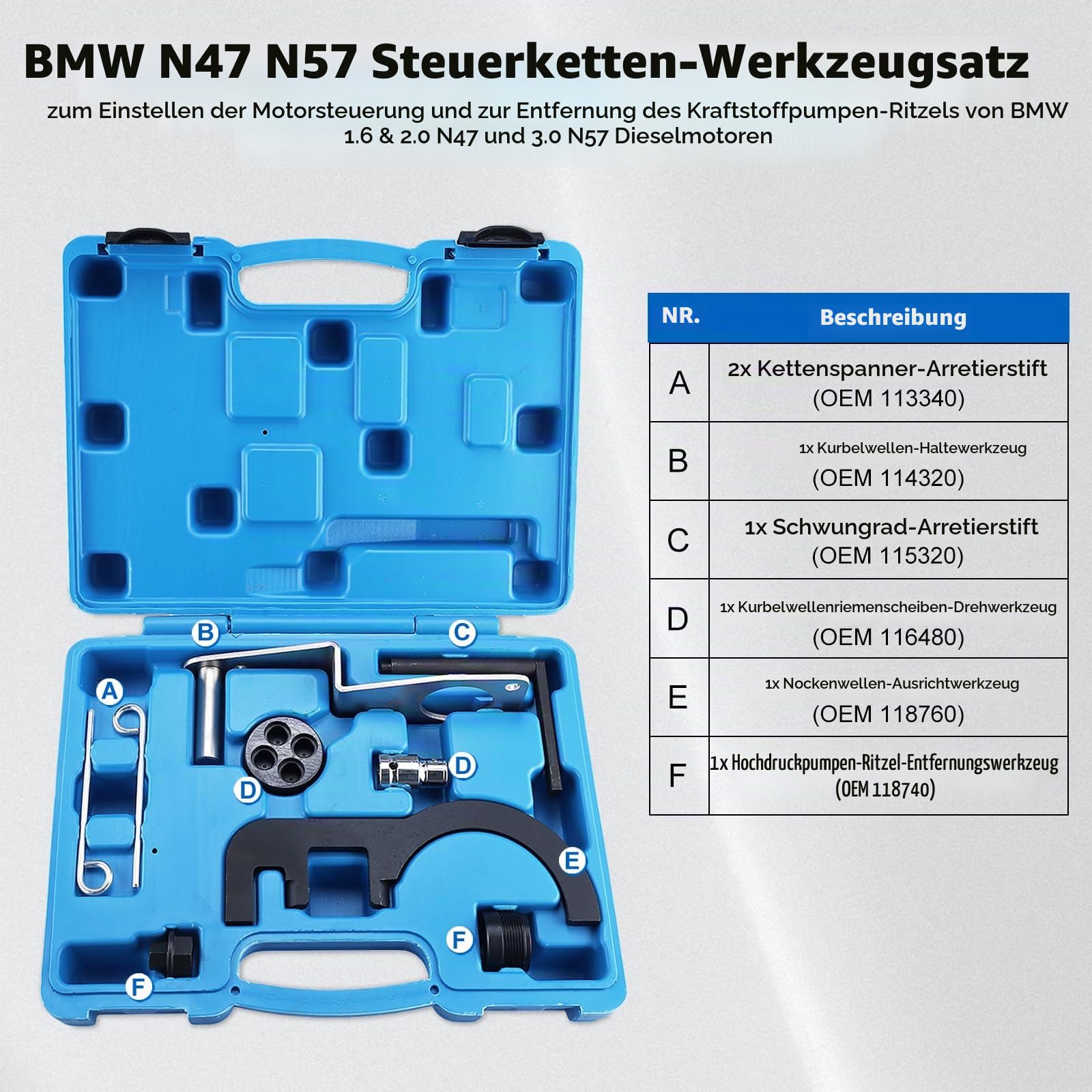 FreeTec 9tlg Steuerkette Werkzeug, Absteckwerkzeug Steuerkette Arretierwerkzeug Steuerkette, Motor Einstellwerkzeug Nockenwellen Kurbelwelle Werkzeug Set für BMW N47 N57