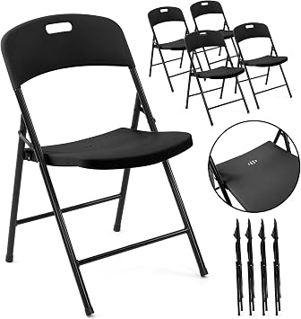 Creative Outdoor 4 Portable Plastic Folding Chairs, Sturdy Design, Indoor/Outdoor Events, Perfect for Camping/Picnic/Tailgating/Party Black Set of 4 Chairs