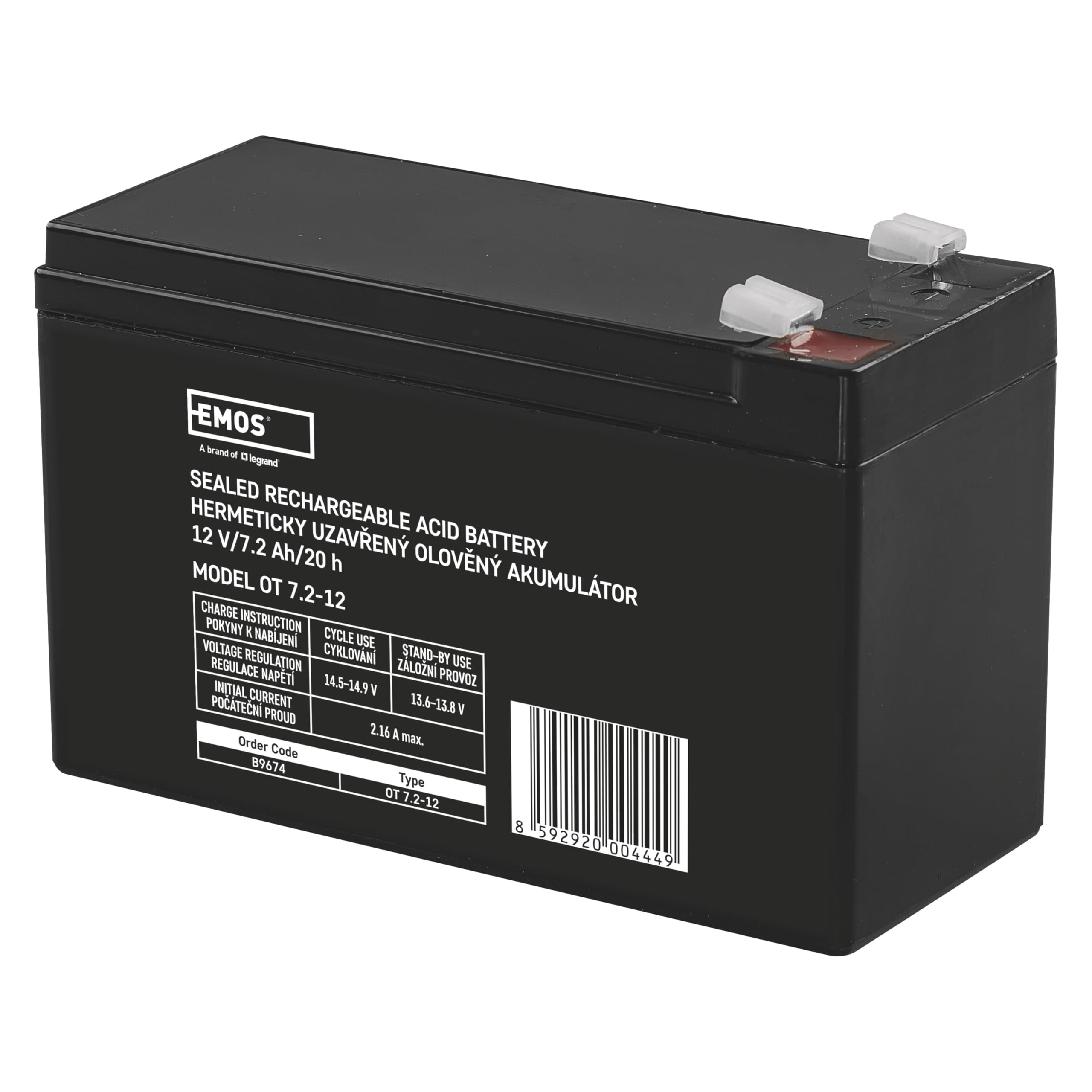 EMOS Batteria al piombo senza manutenzione 12V 7,2Ah AGM Faston 6,3mm UPS allarme 151x65x94mm