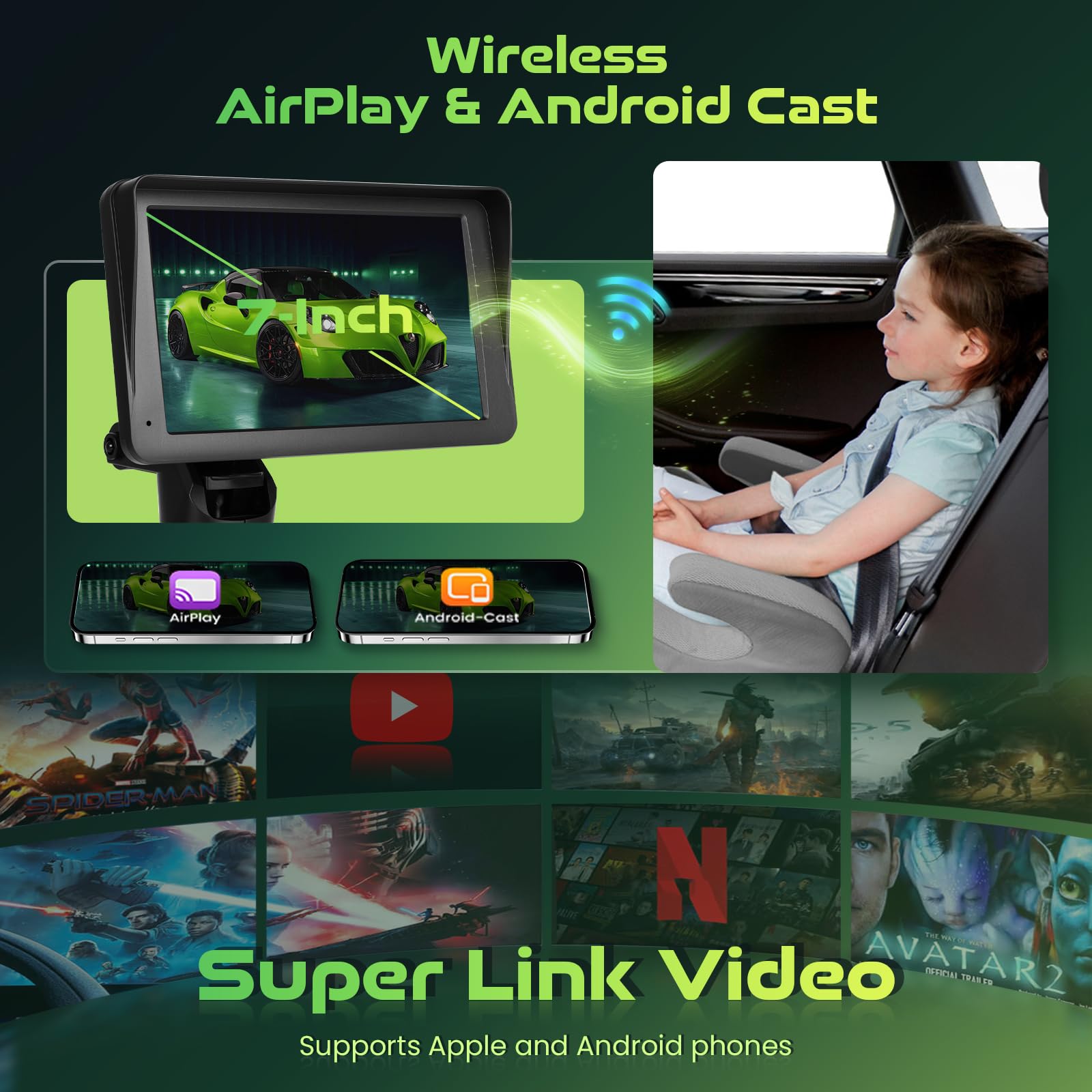 Hodozzy Bezprzewodowe lusterko samochodowe dla niemowląt, z systemem Android, 7 cali, HD 1080p, z noktowizorem Superlink, kamera na tylne siedzenie 360° z monitorem do fotelika samochodowego, obsługa