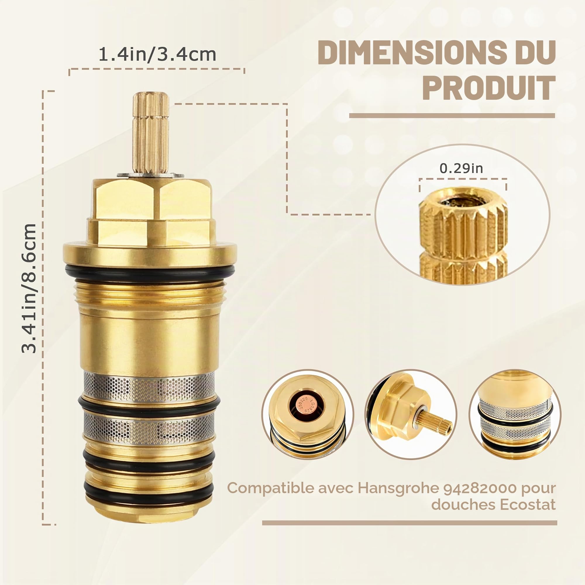 94282000 Unité de régulation de température en laiton - 3/4" compatible avec les douchettes Hansgrohe Ecostat, thermostats de baignoire à deux et trois trous