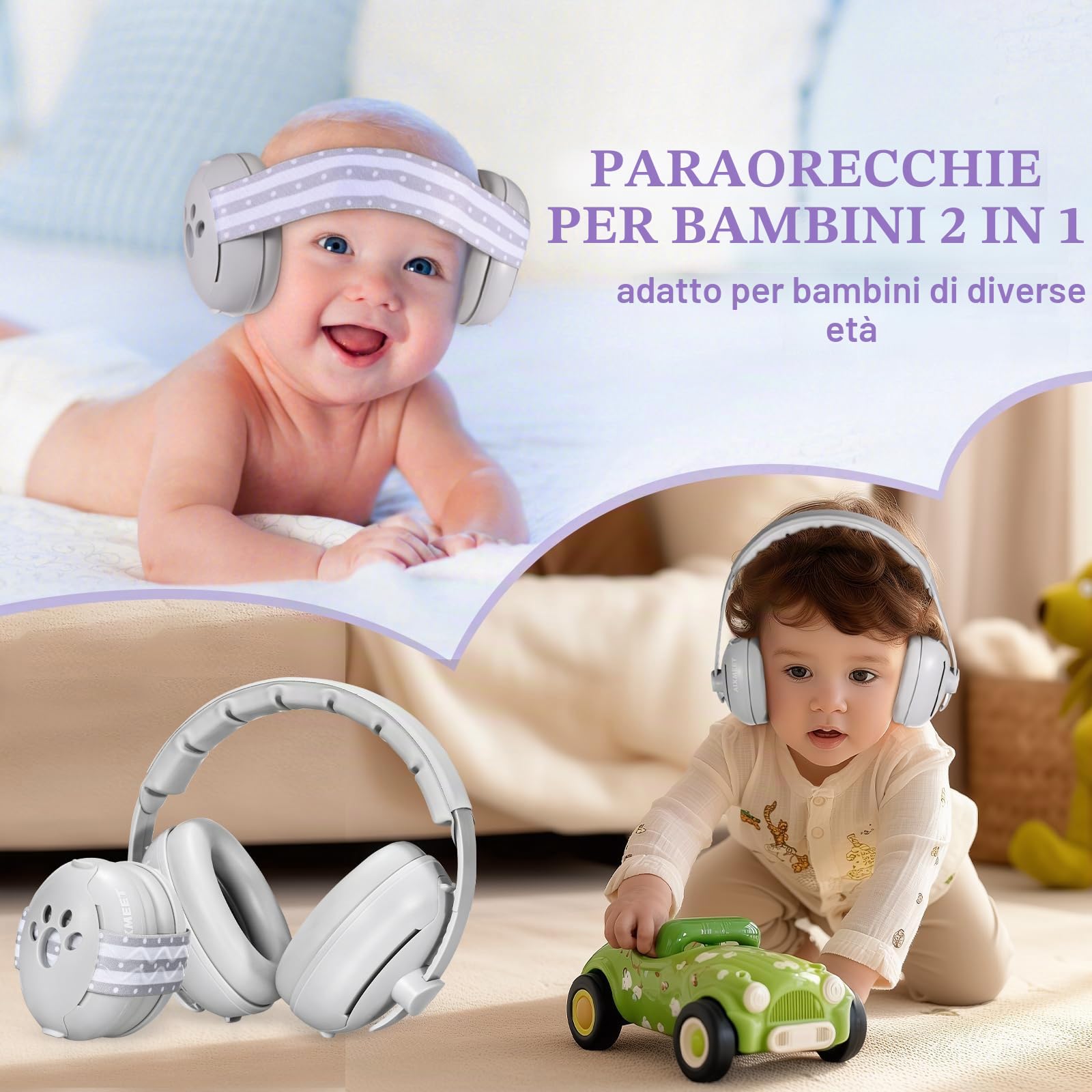 AIXMEET Paraorecchie 2 in 1 per bambini con riduzione del rumore, protezione acustica professionale per bambini da 0 a 36 mesi, riduce i danni all'udito e migliora il sonno