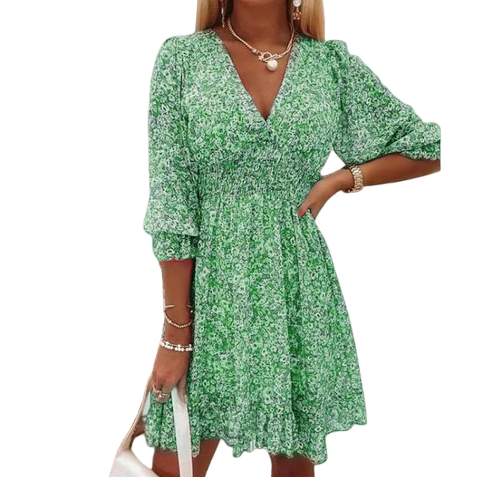 Aumentar el Tamaño de Los Chalecos de Cuello V de Manga de Burbuja de Verano Estampados Vestidos de Manga Corta con Flores Delgadas en Forma de a, HUTALIM, Verde, 3XL