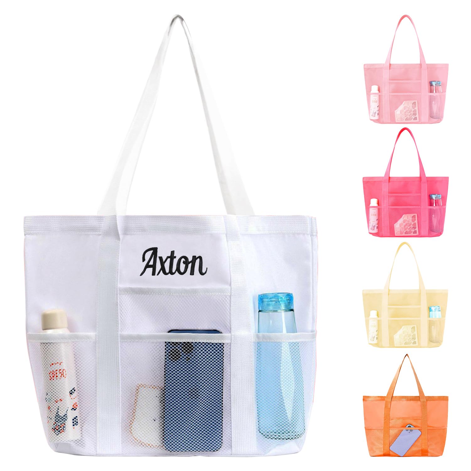 Ulico Personalized Beach Bag Embroidered Name，Custom Mesh Tote Bag for Women, Foldable Shoulder Bags for Swimming Pools