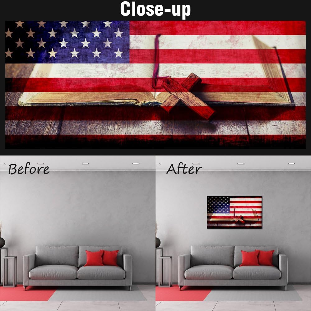 Visual Art Decor American Flag Picture USA Flag with Retro Bible Cross Canvas Prints Gallery Wrap Artwork for Living Room Office Wall Decoration